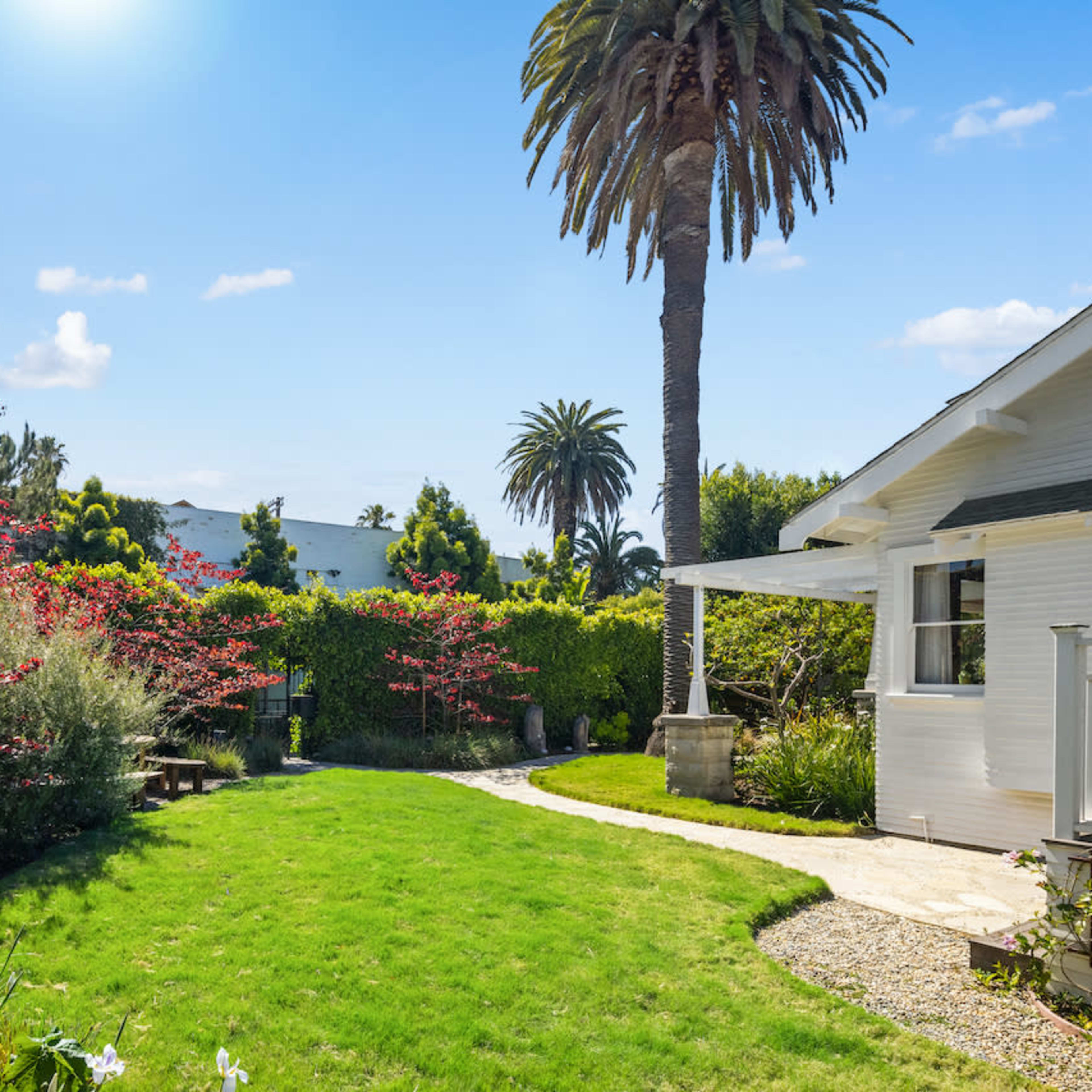 A well-maintained backyard features a pathway lined with grass, flowering shrubs, and a tall palm tree beside a white house.