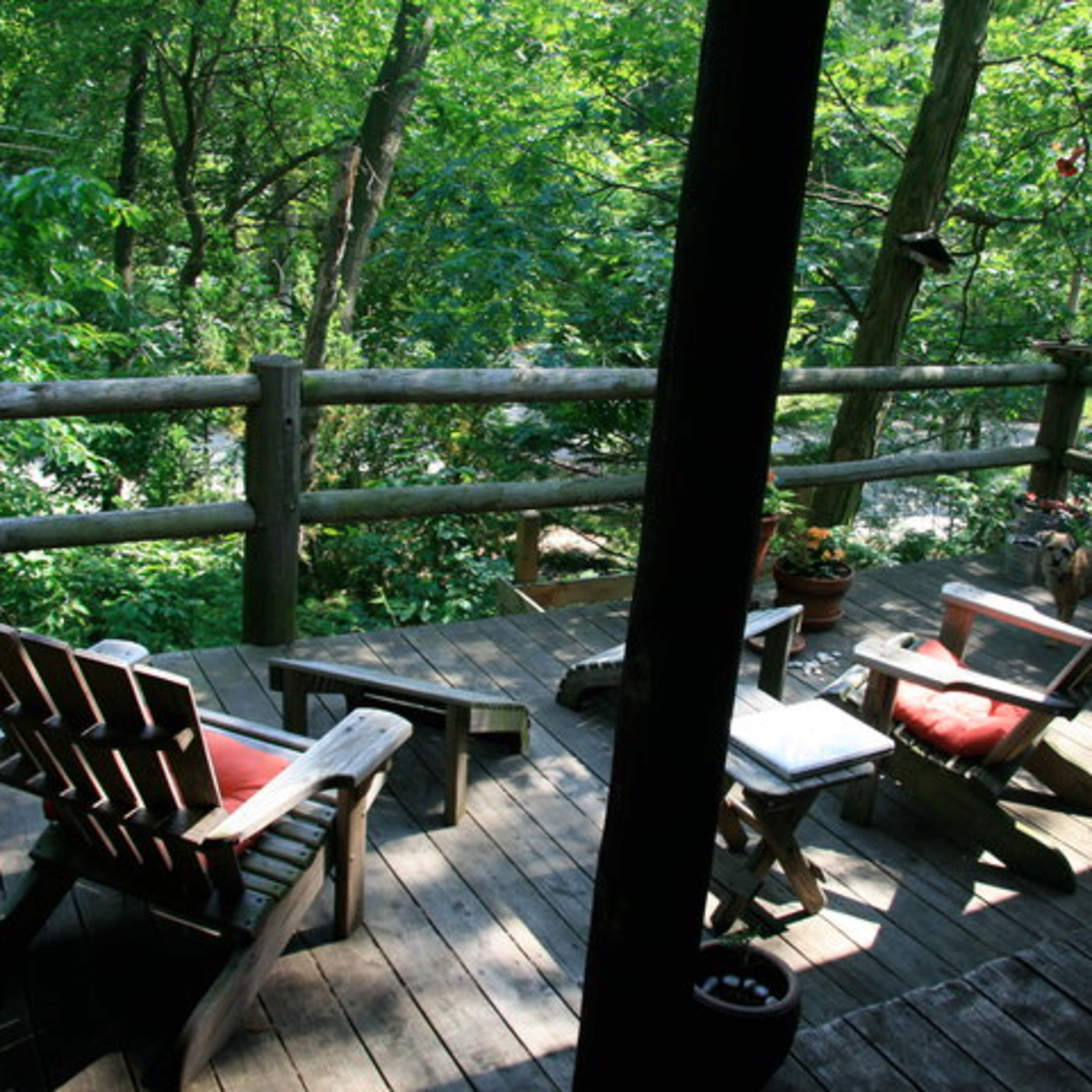 A wooden deck with several chairs and a grill, surrounded by lush greenery.