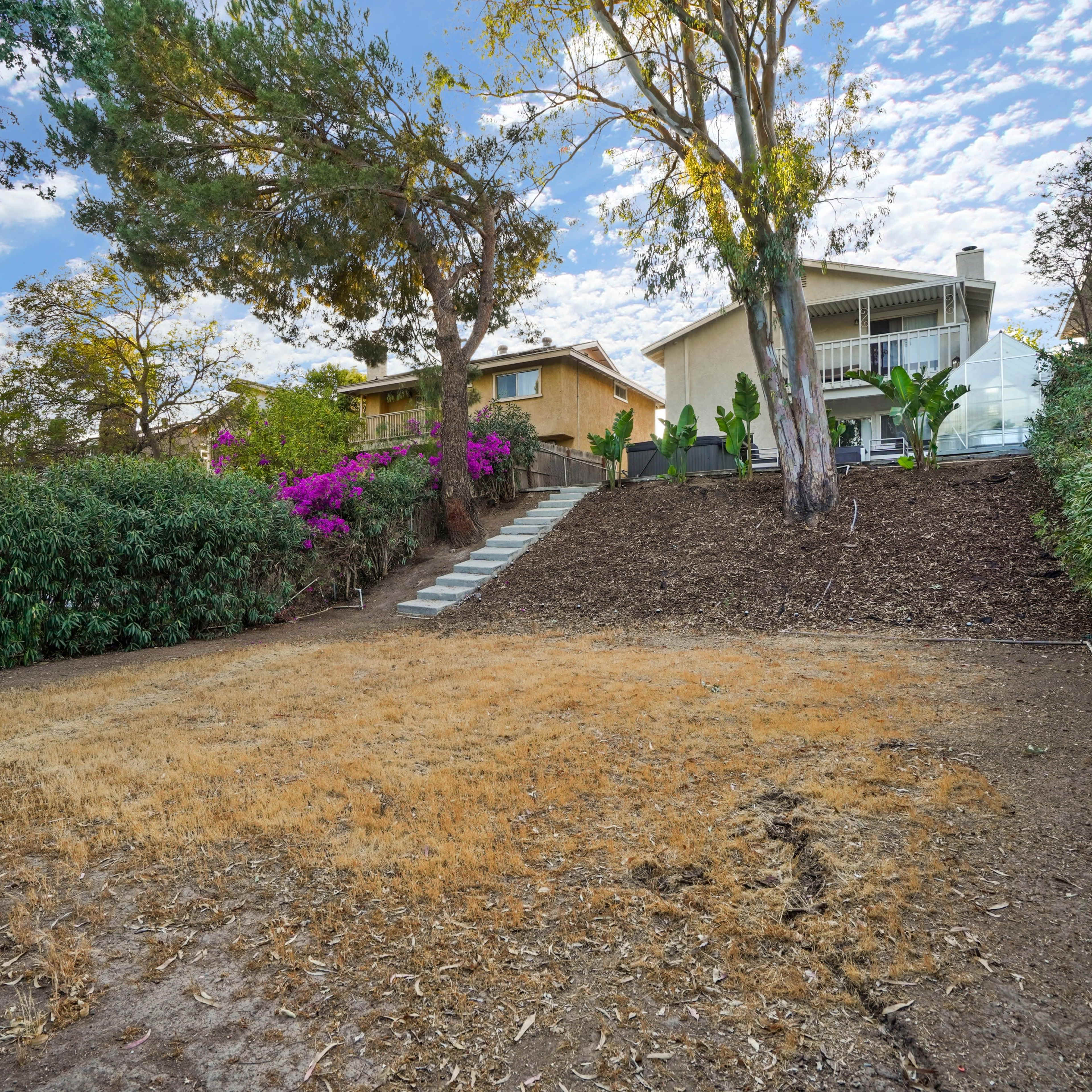 A dry, sloped backyard with a path leading up to two houses surrounded by greenery and flowering plants.
