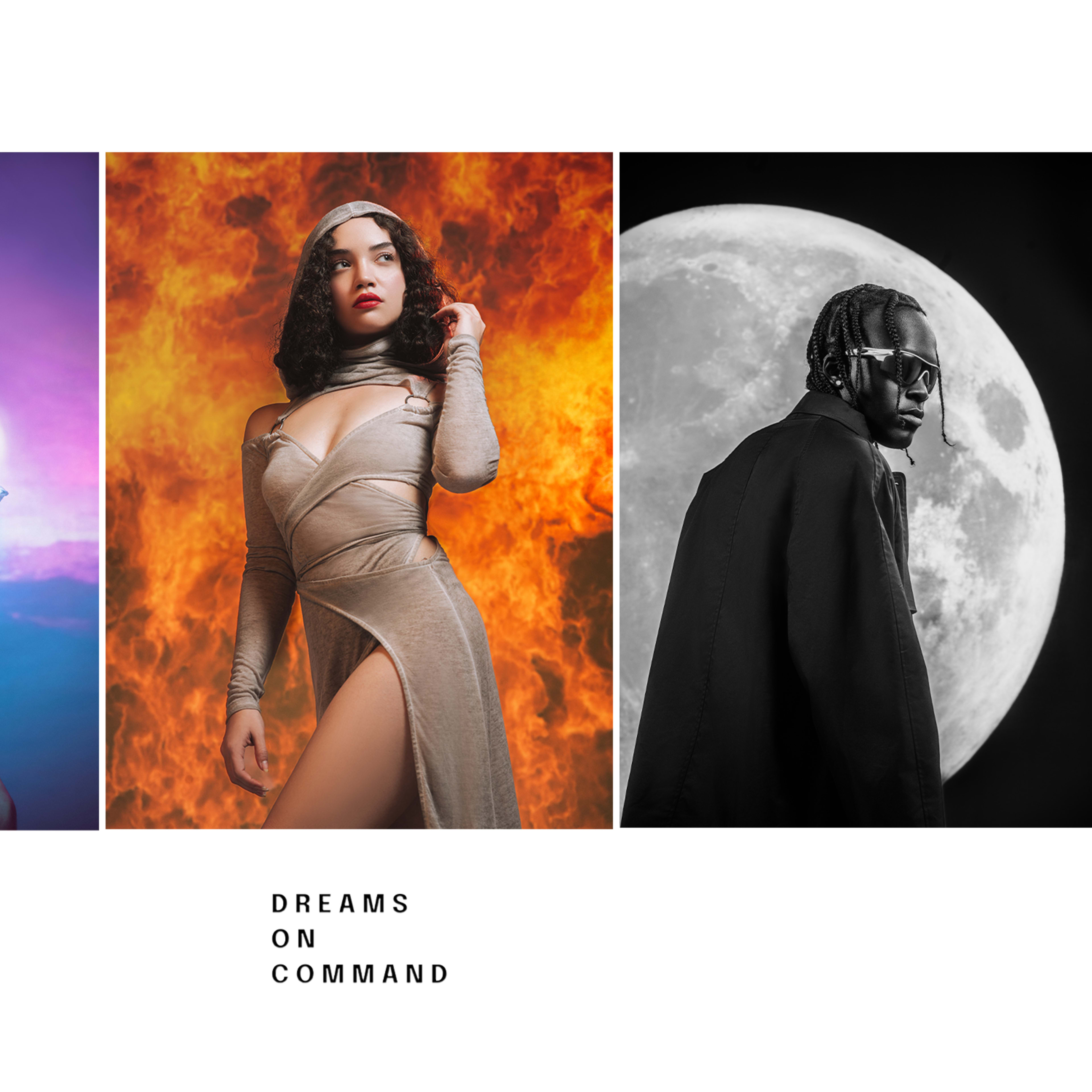 Three distinct portraits: a woman in sunglasses against a colorful background, a woman in an elegant dress posing with a fiery backdrop, and a man in a dark outfit standing in front of a large moon.