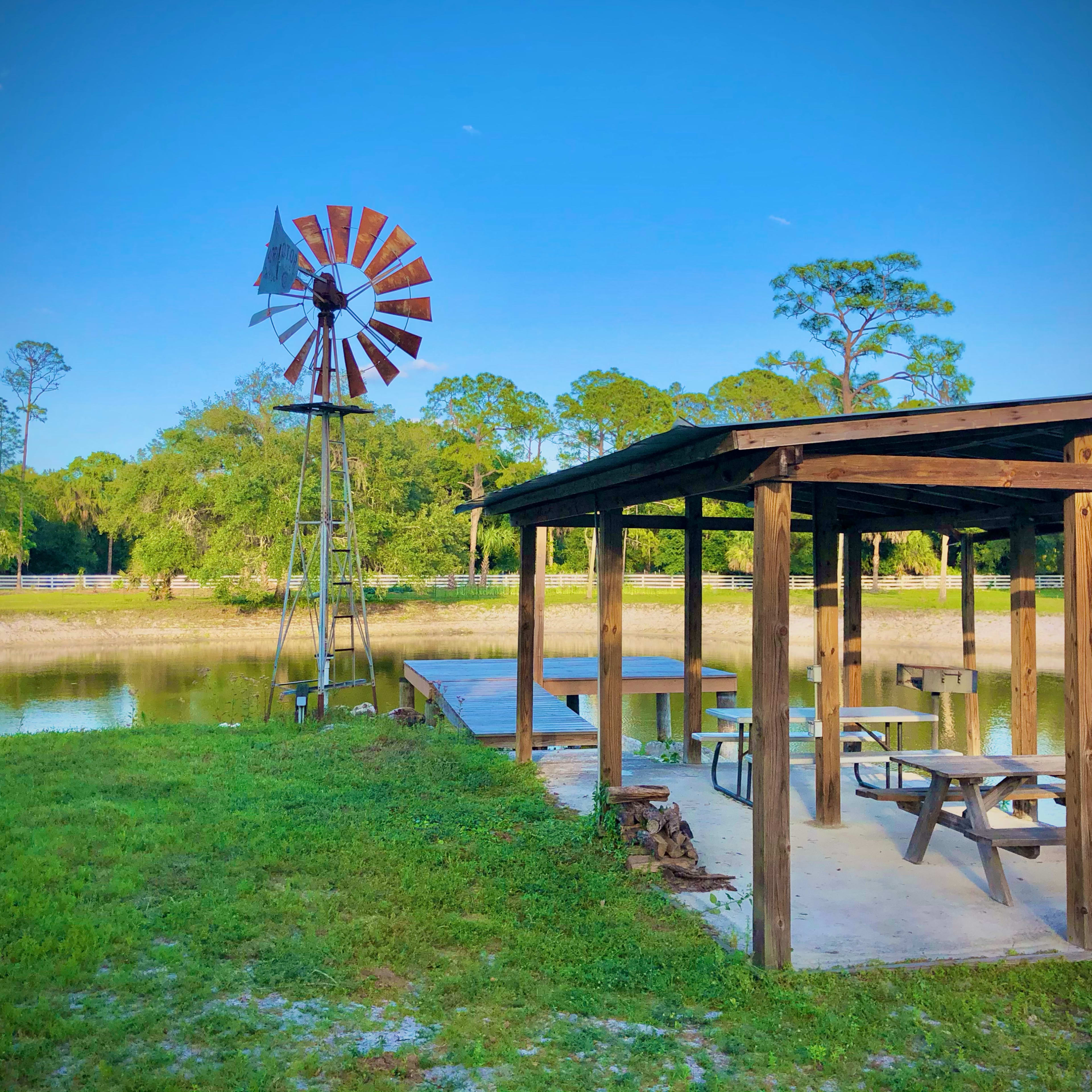 A wooden gazebo with picnic tables is situated by a pond, alongside a windmill in the background.