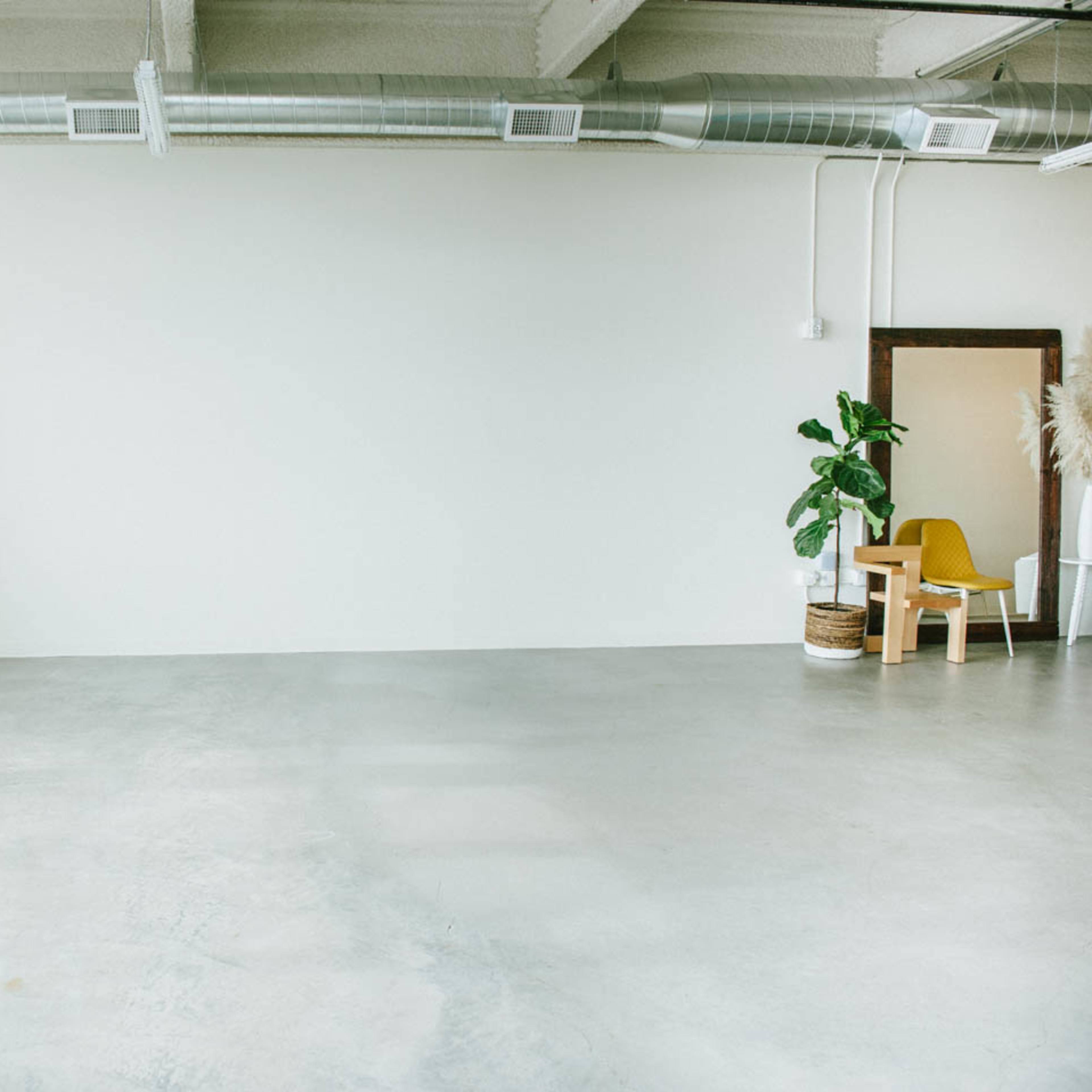 A spacious, light-filled room with concrete flooring, large windows, a potted plant, and an empty chair beside a mirror.