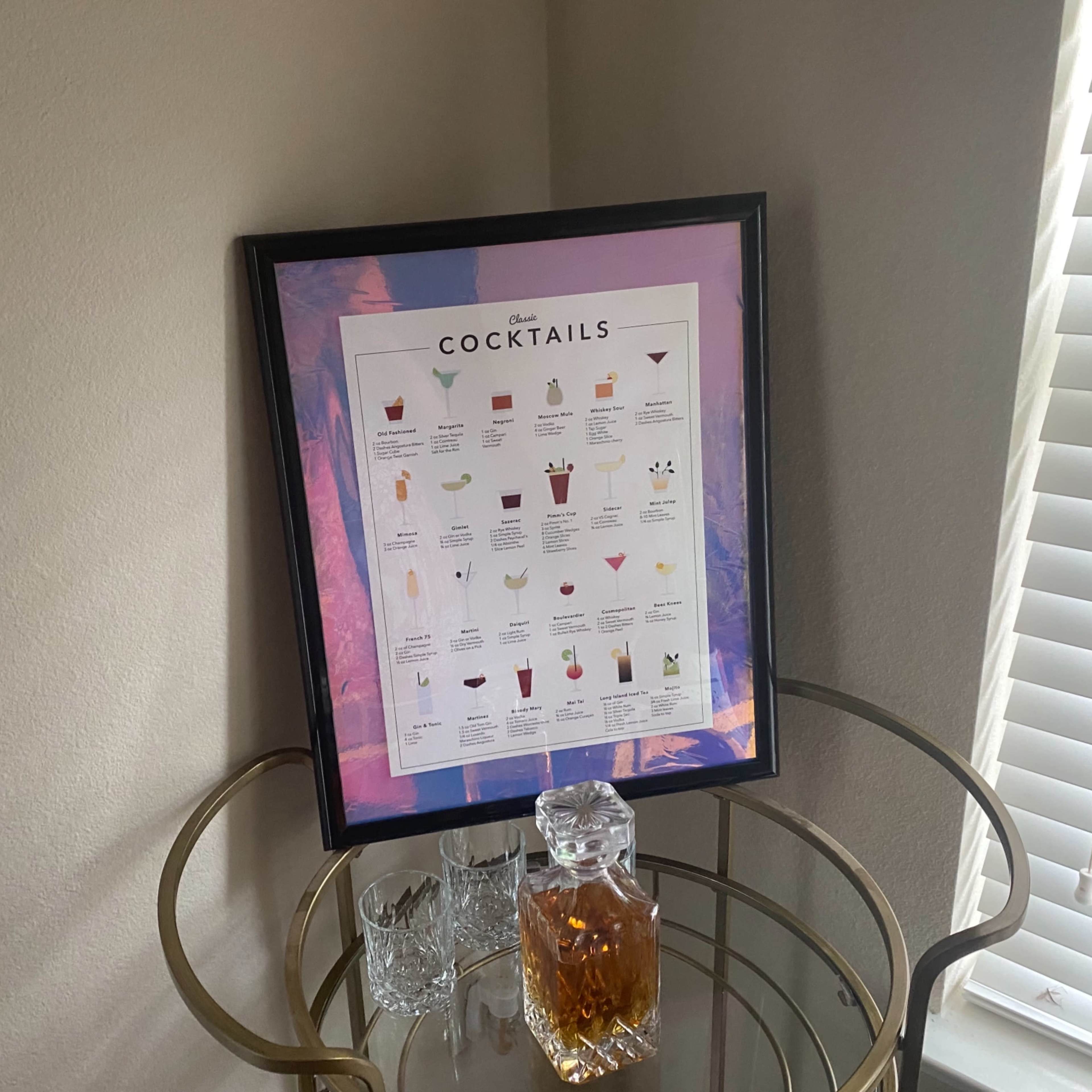A framed cocktail recipe poster is displayed on a wall above a decorative bar cart with a glass decanter and two empty glasses.