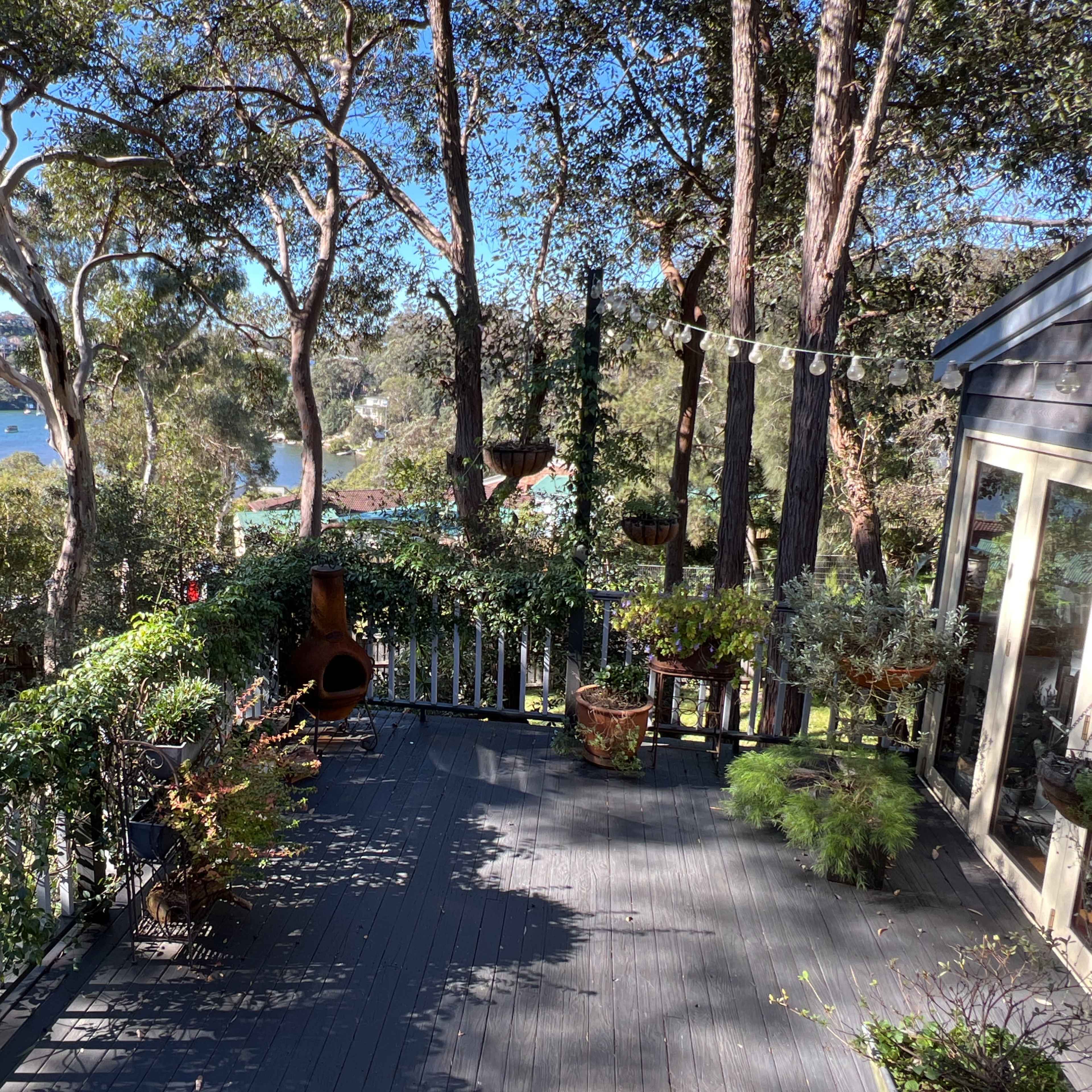 A wooden deck surrounded by trees and plants, overlooking a body of water.