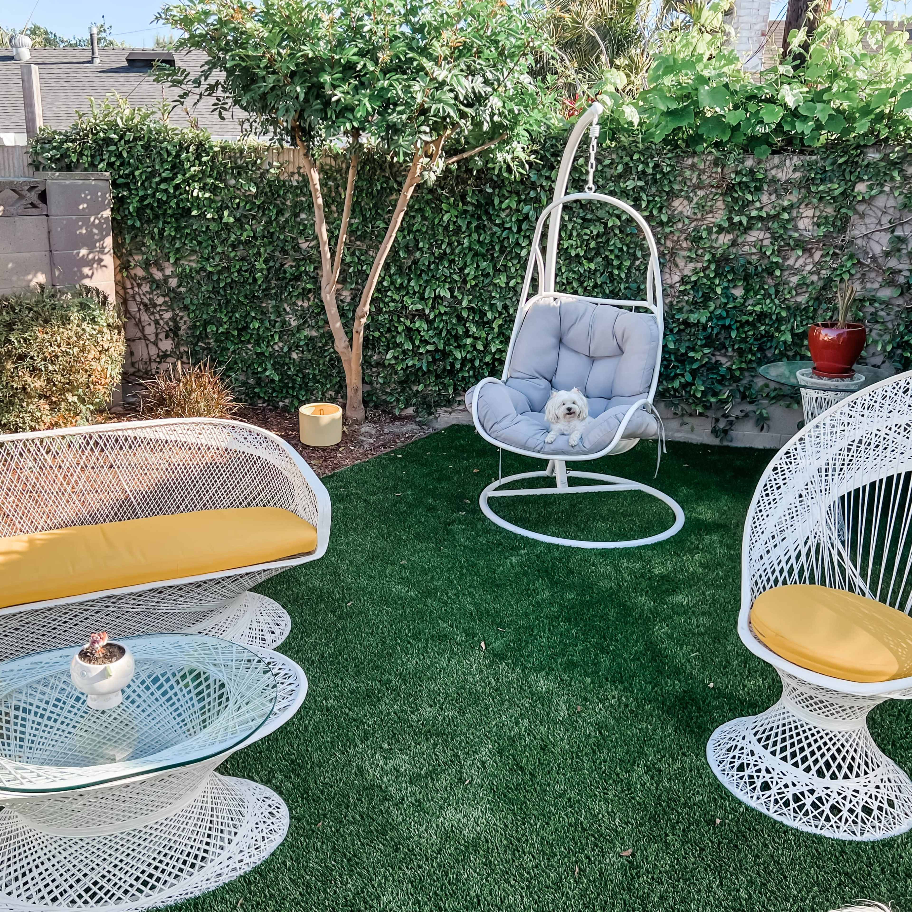 A small outdoor area with white wicker furniture, including curved chairs and a glass coffee table, surrounded by greenery and a hanging chair with a dog in it.