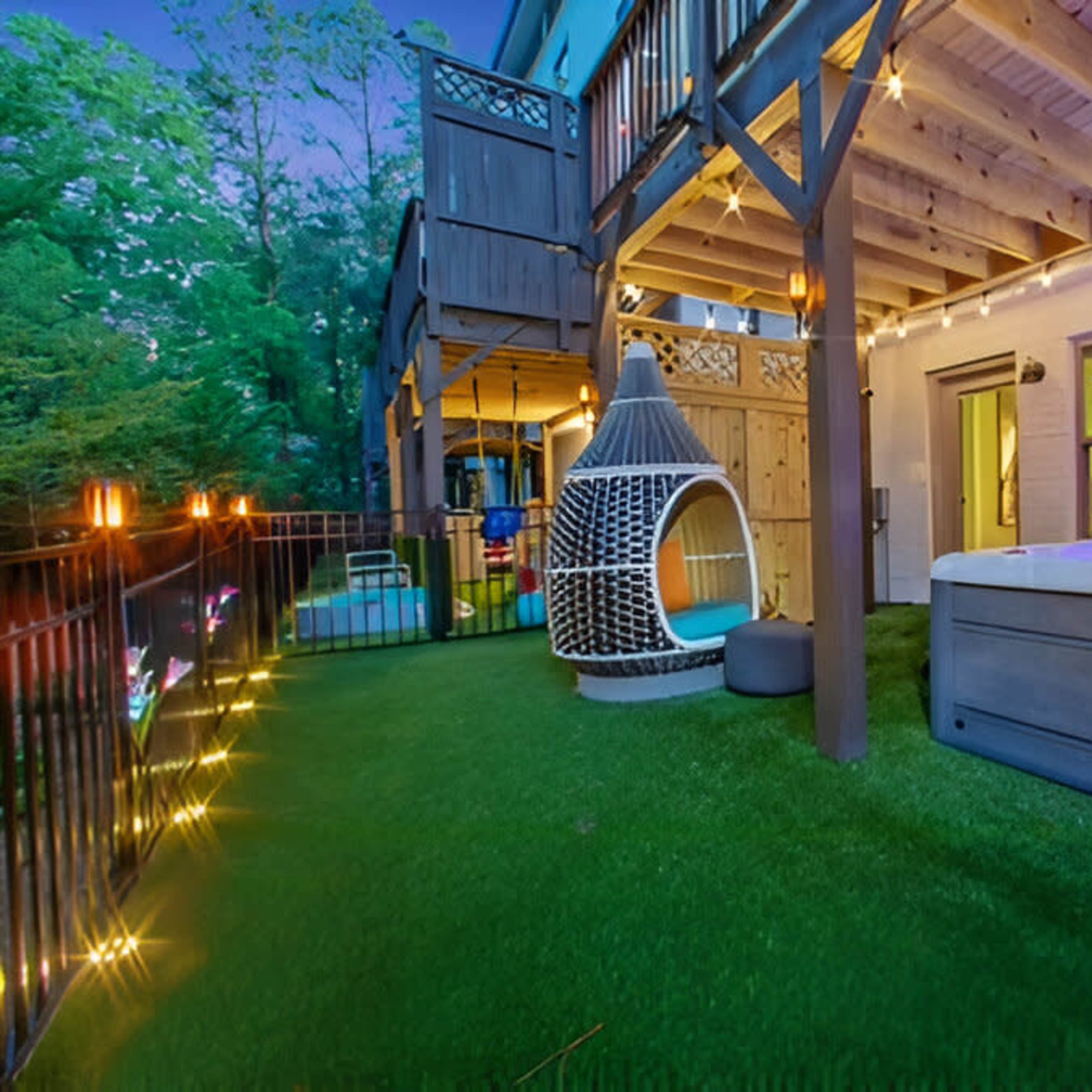 A backyard patio features a hot tub, a unique hanging chair, and string lights under a wooden deck surrounded by greenery.
