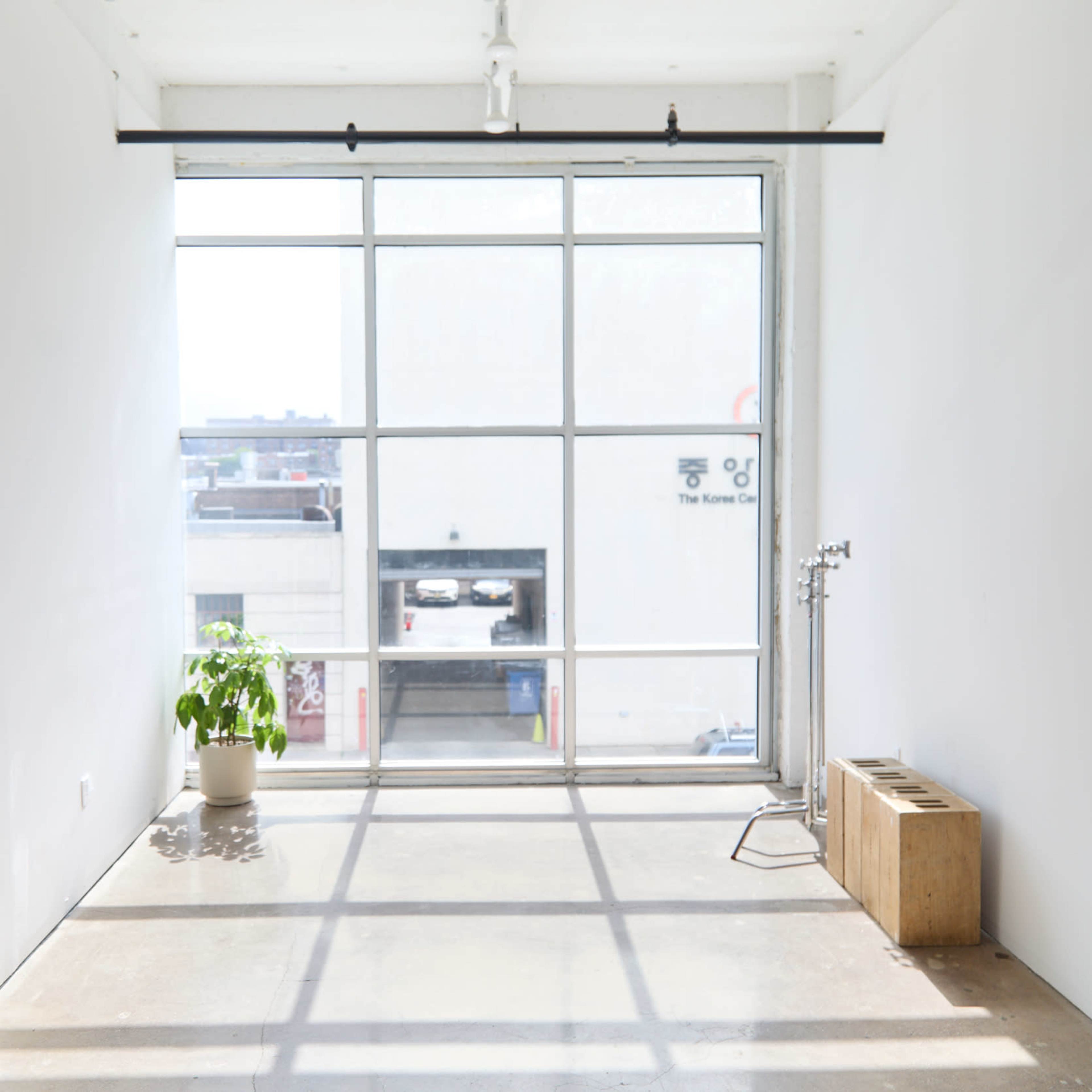 A brightly lit, empty room with large windows and minimalist decor, including a plant and shelves holding various items.