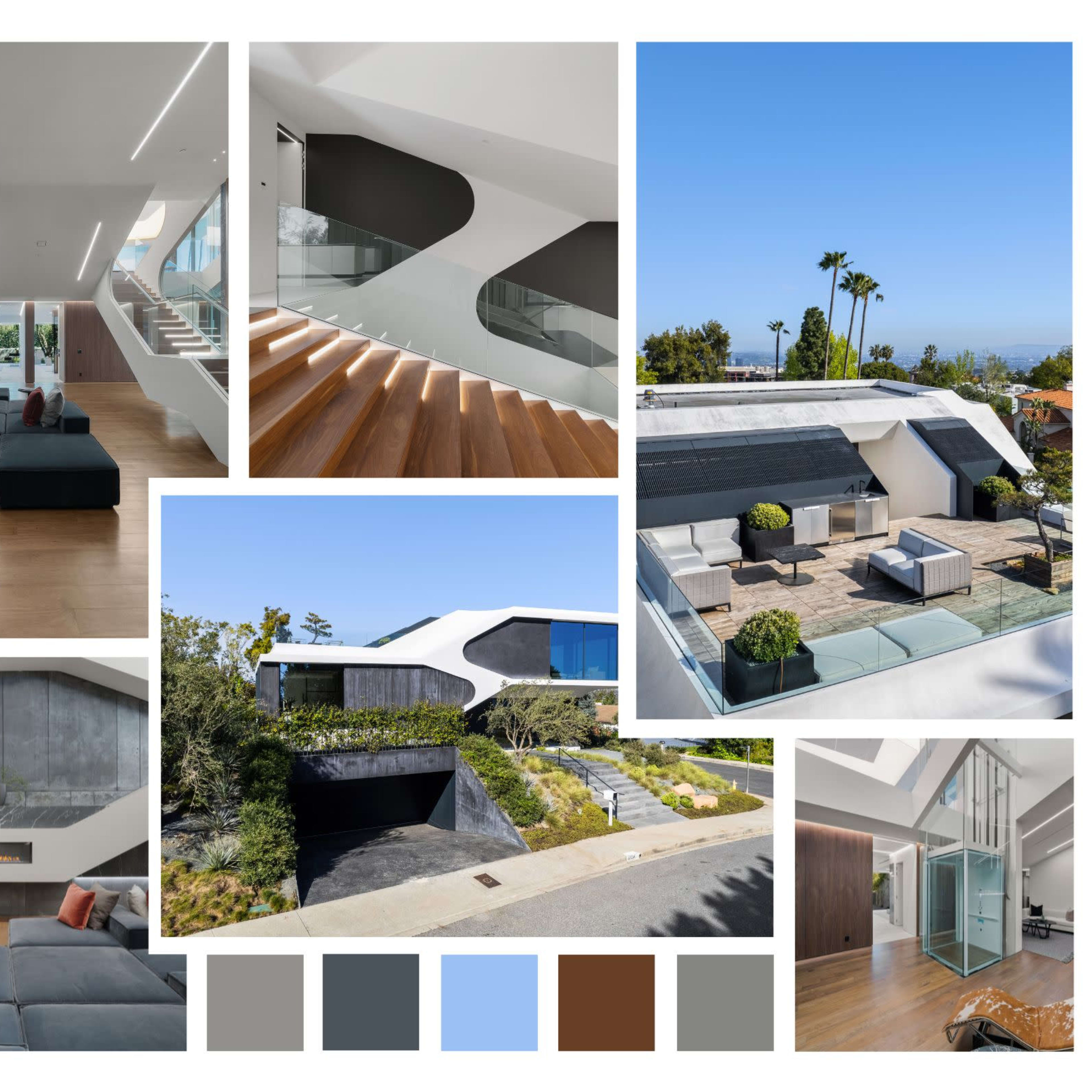 A modern residence featuring spacious interiors, an elegant staircase, and a landscaped exterior with outdoor seating areas.