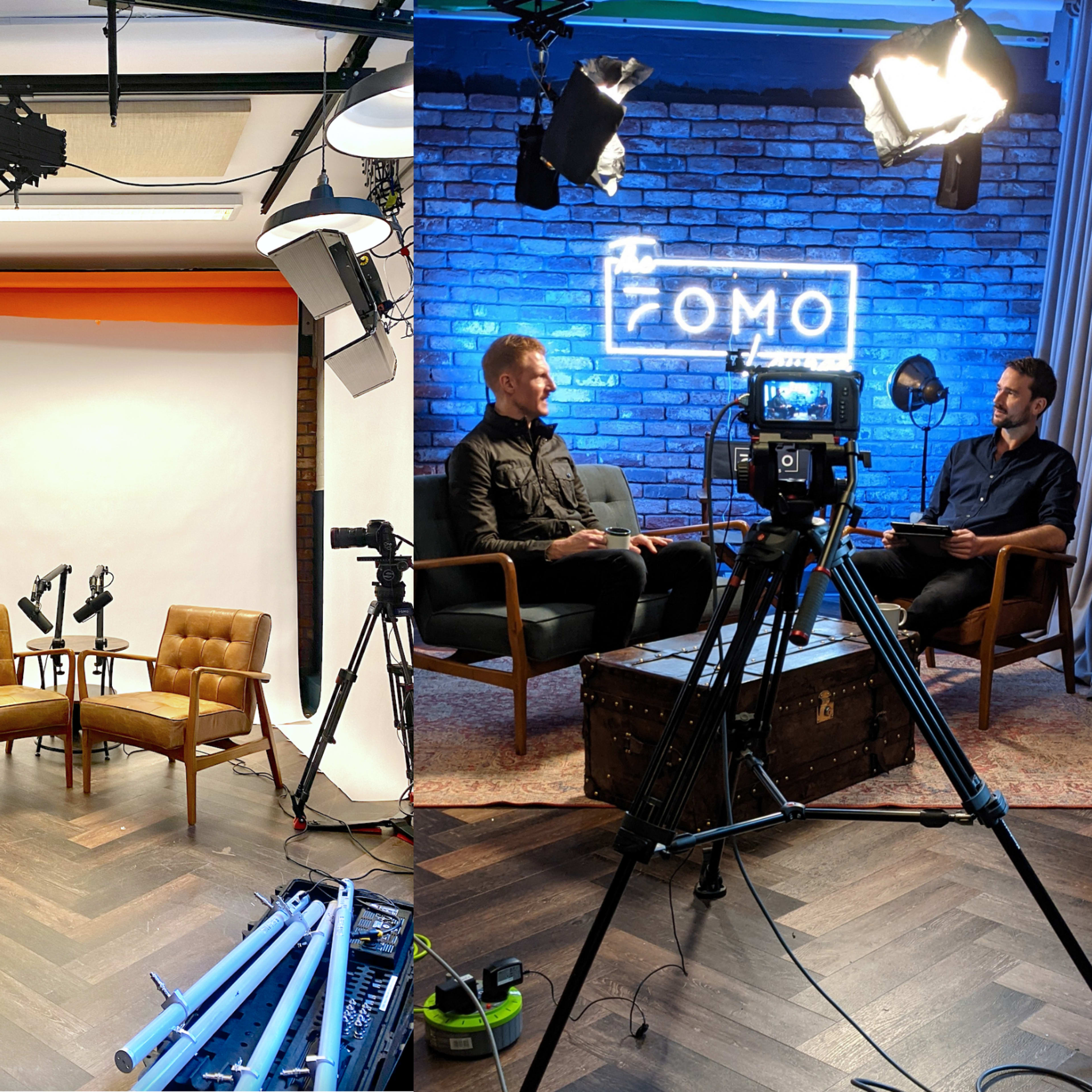 Two separate filming setups: on the left, a minimalistic studio with a white backdrop and two chairs, and on the right, a more styled setting featuring two men seated with cameras and lights aimed at them.