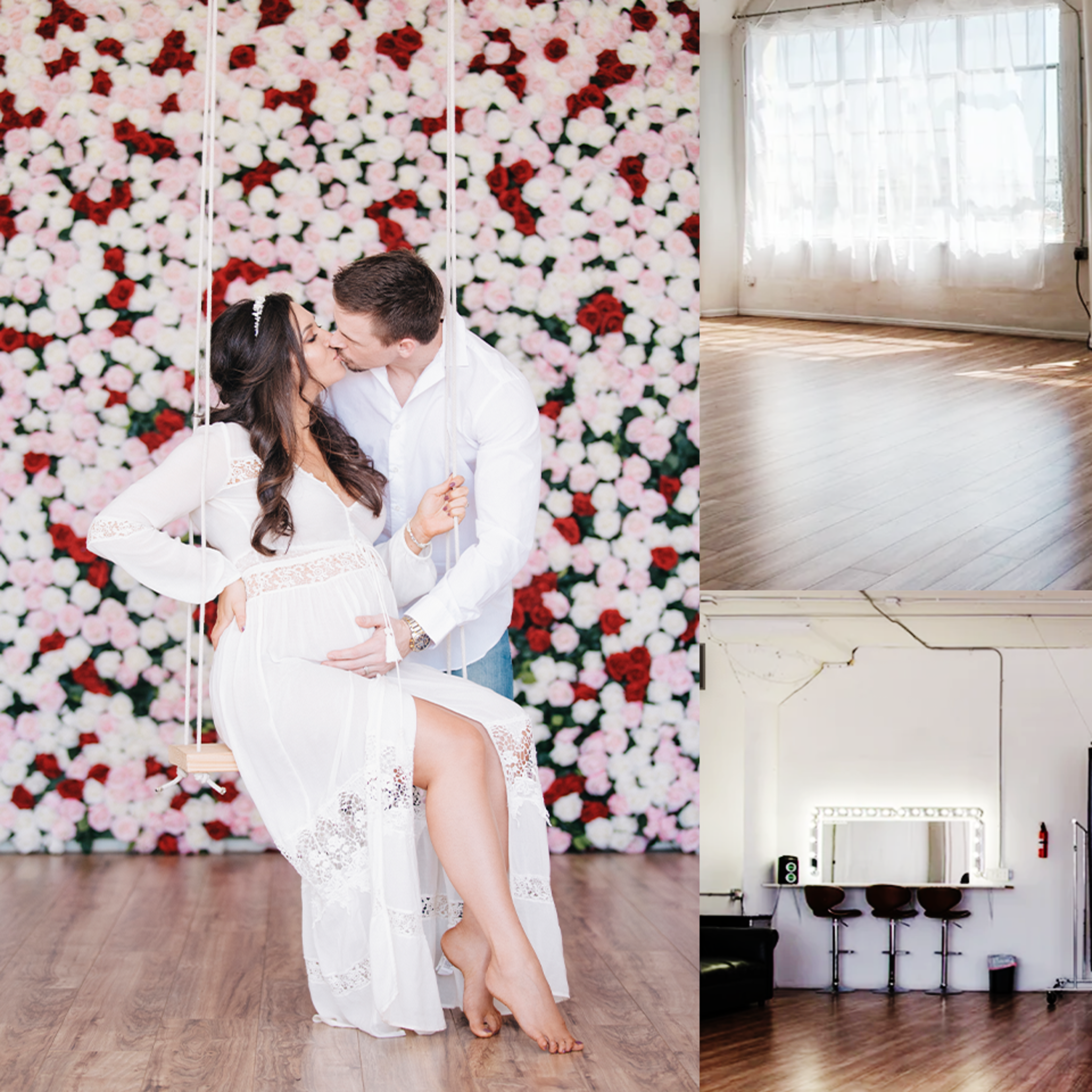 A bright, spacious studio adorned with a floral backdrop, showcasing a couple posing together, elegant furnishings, and a decorative tree.