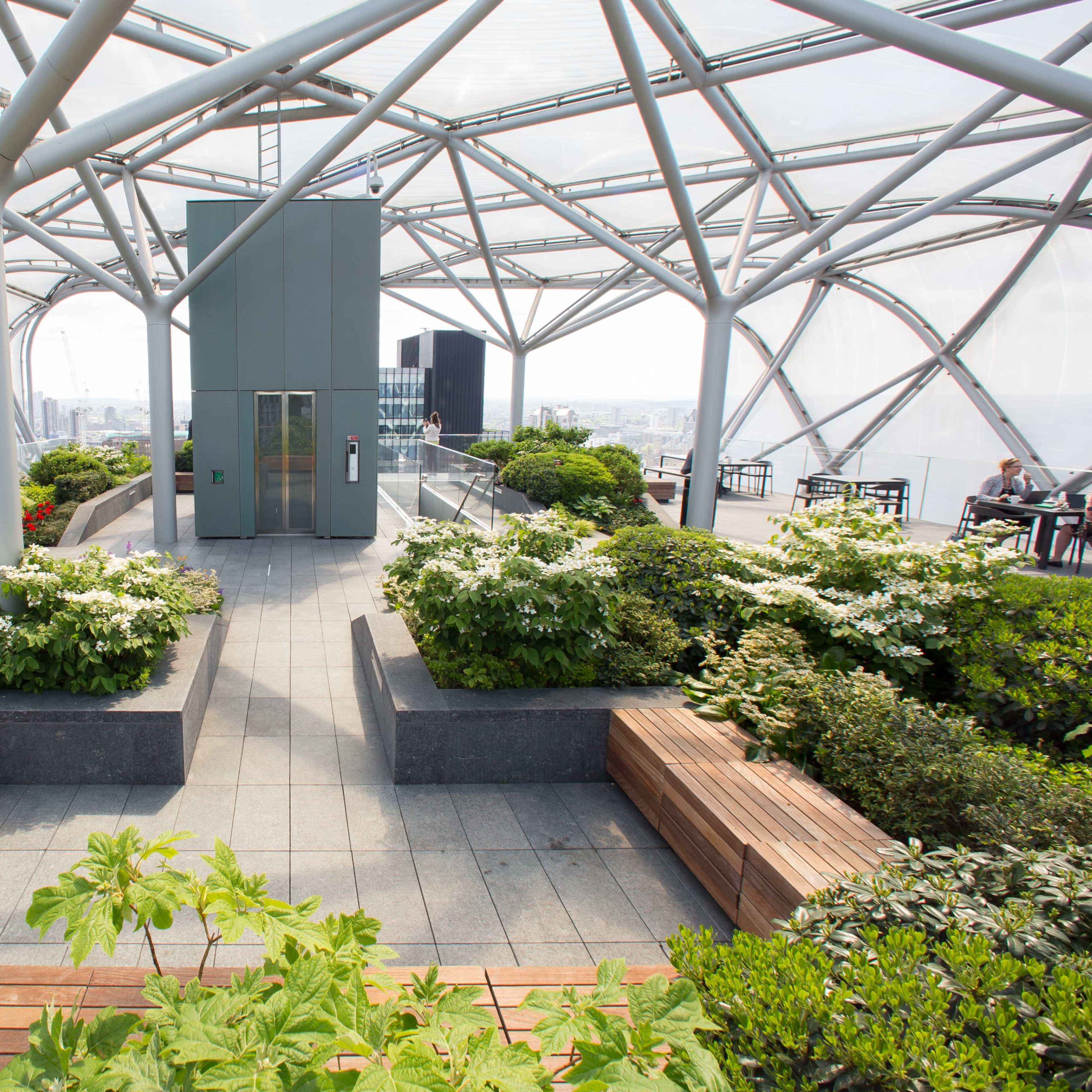 A rooftop garden terrace with a geometric glass structure, featuring green plants, wooden benches, and an elevator in the center.
