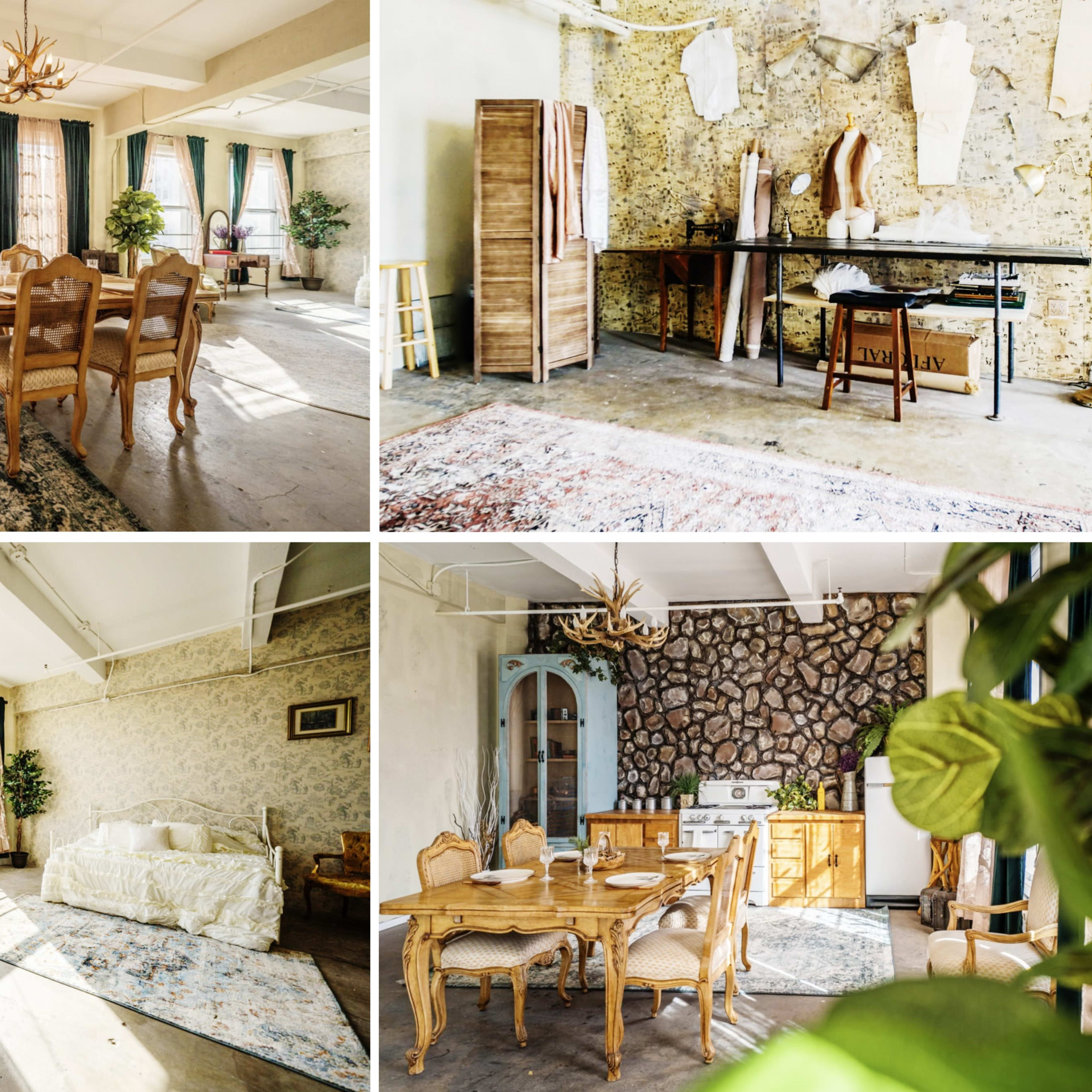 Four distinct views of a spacious, well-lit interior featuring vintage furniture, exposed stone walls, and decorative rugs.