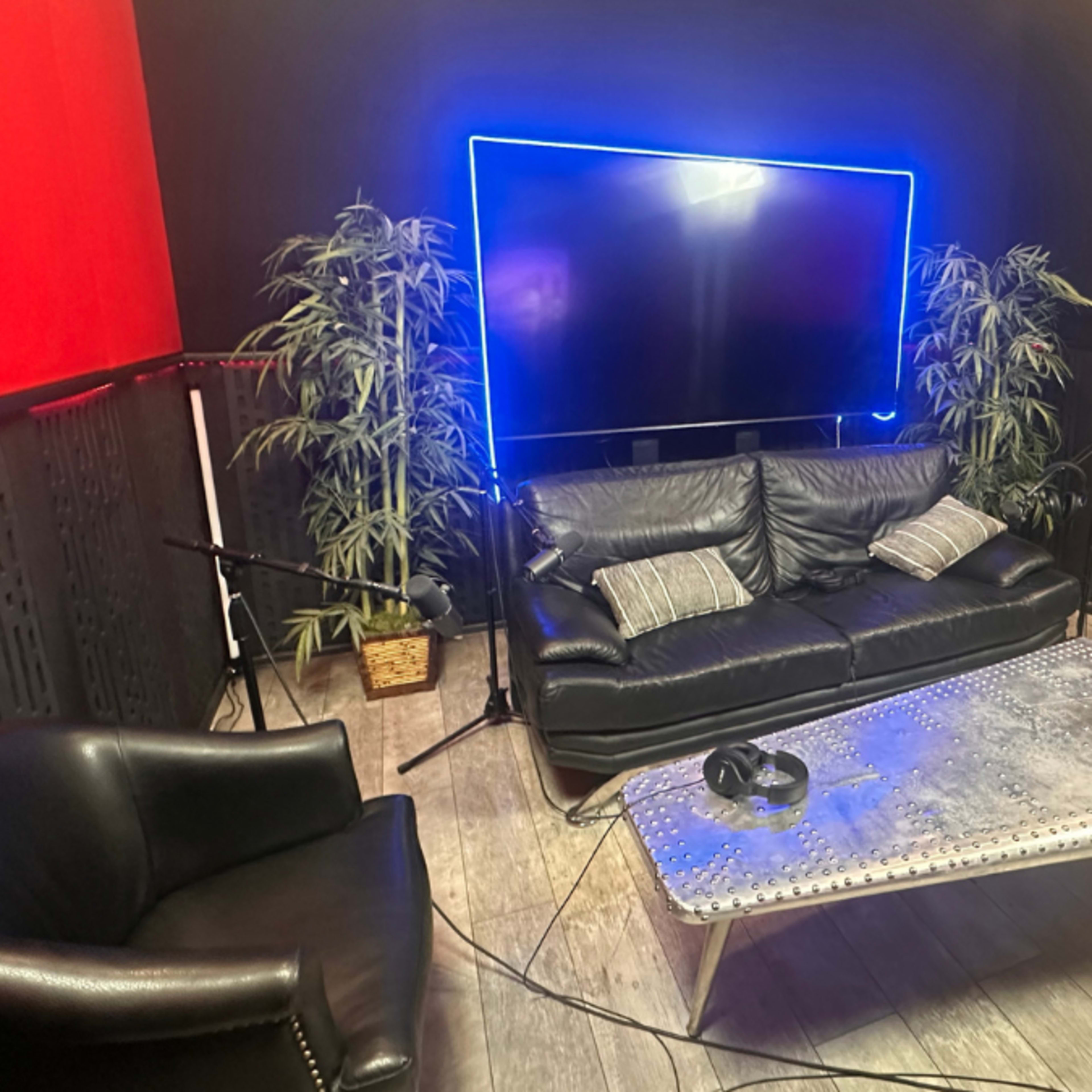 A recording studio setup features a black leather sofa, two armchairs, a metallic coffee table, large potted plants, and a wall-mounted screen illuminated by blue light.