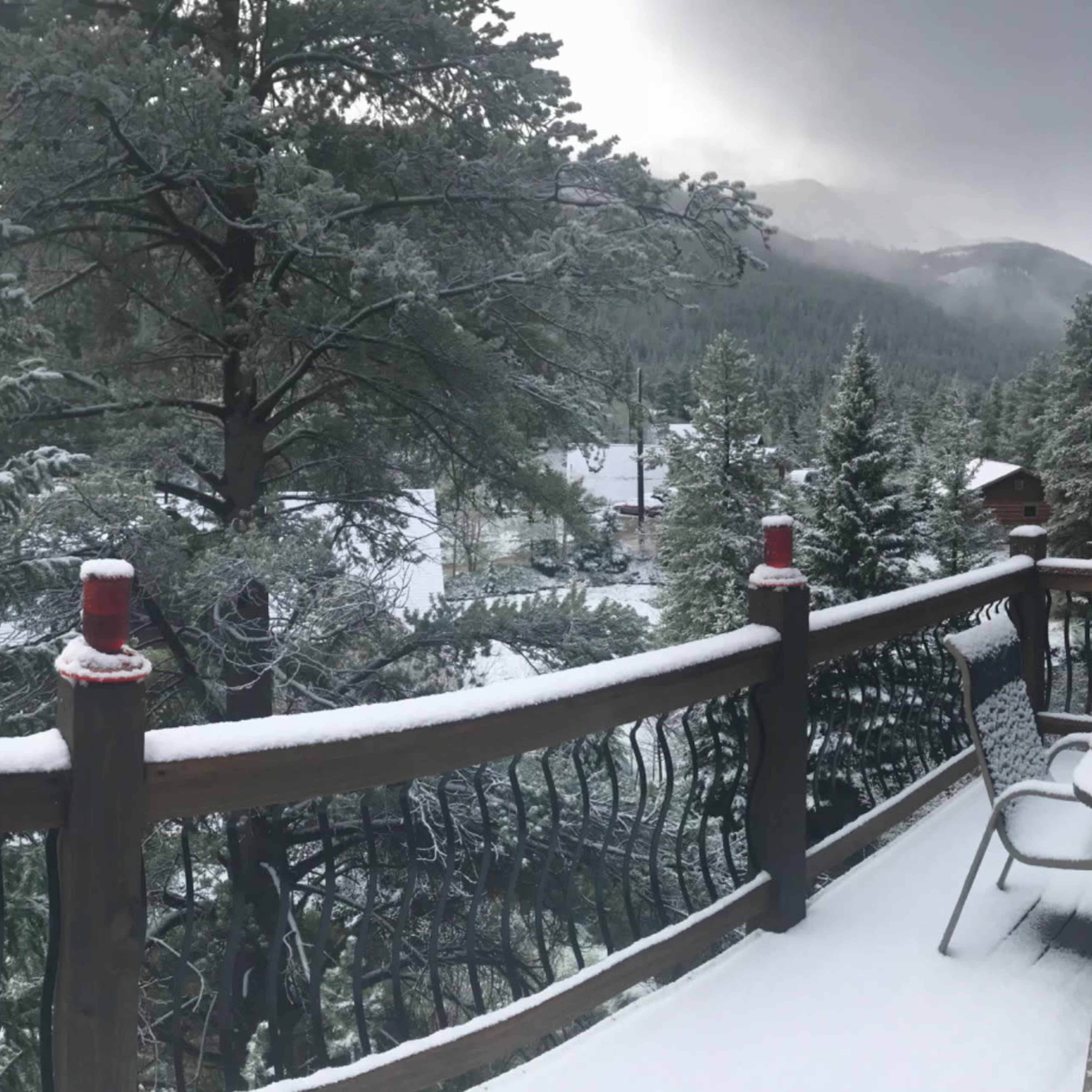 A panoramic view shows a snowy landscape with trees and houses, framed by a deck with a table and grill in the foreground.
