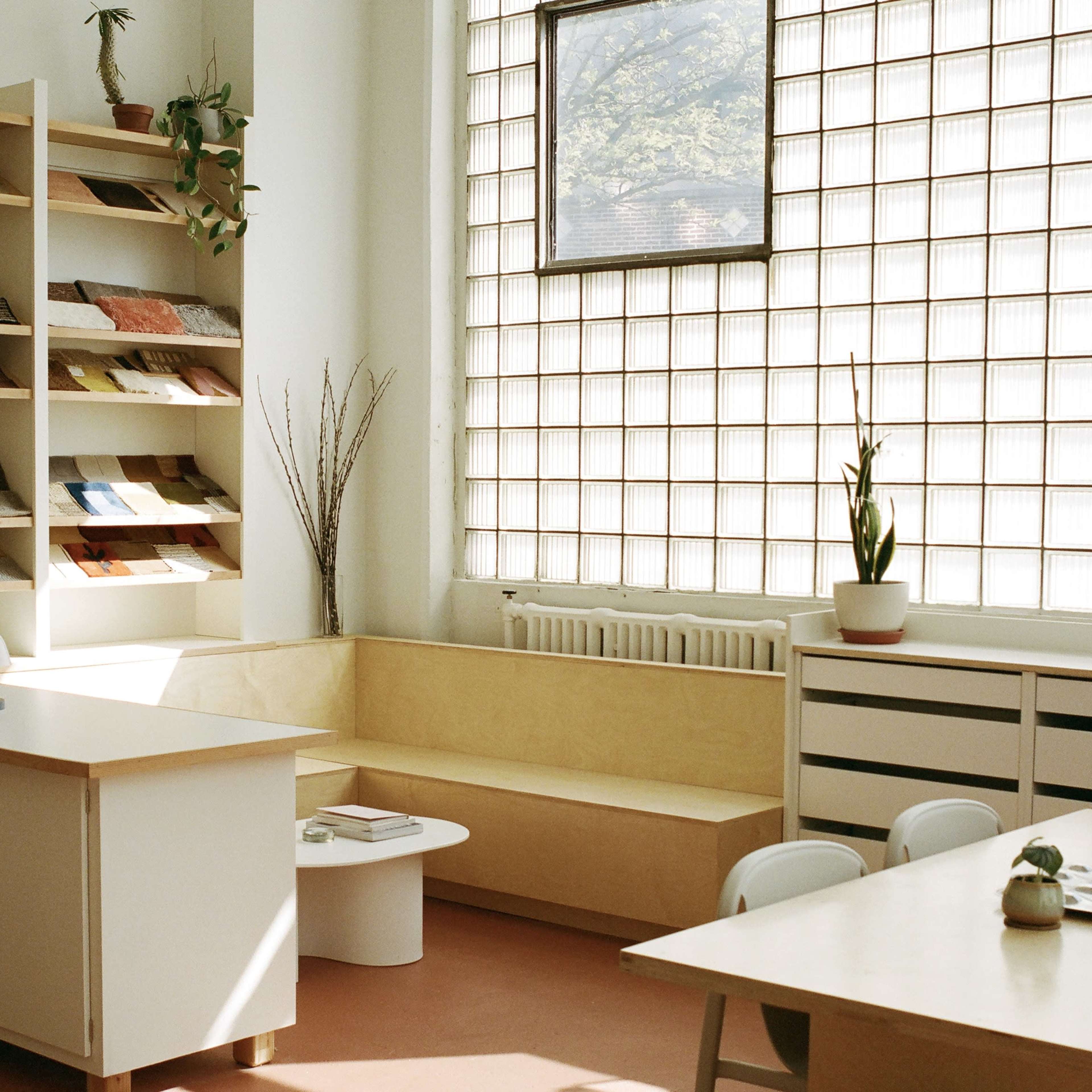 Material Library Studio Flooded in Natural Light with Glass Brick Windows Image in Long Island City, Queens County, NY