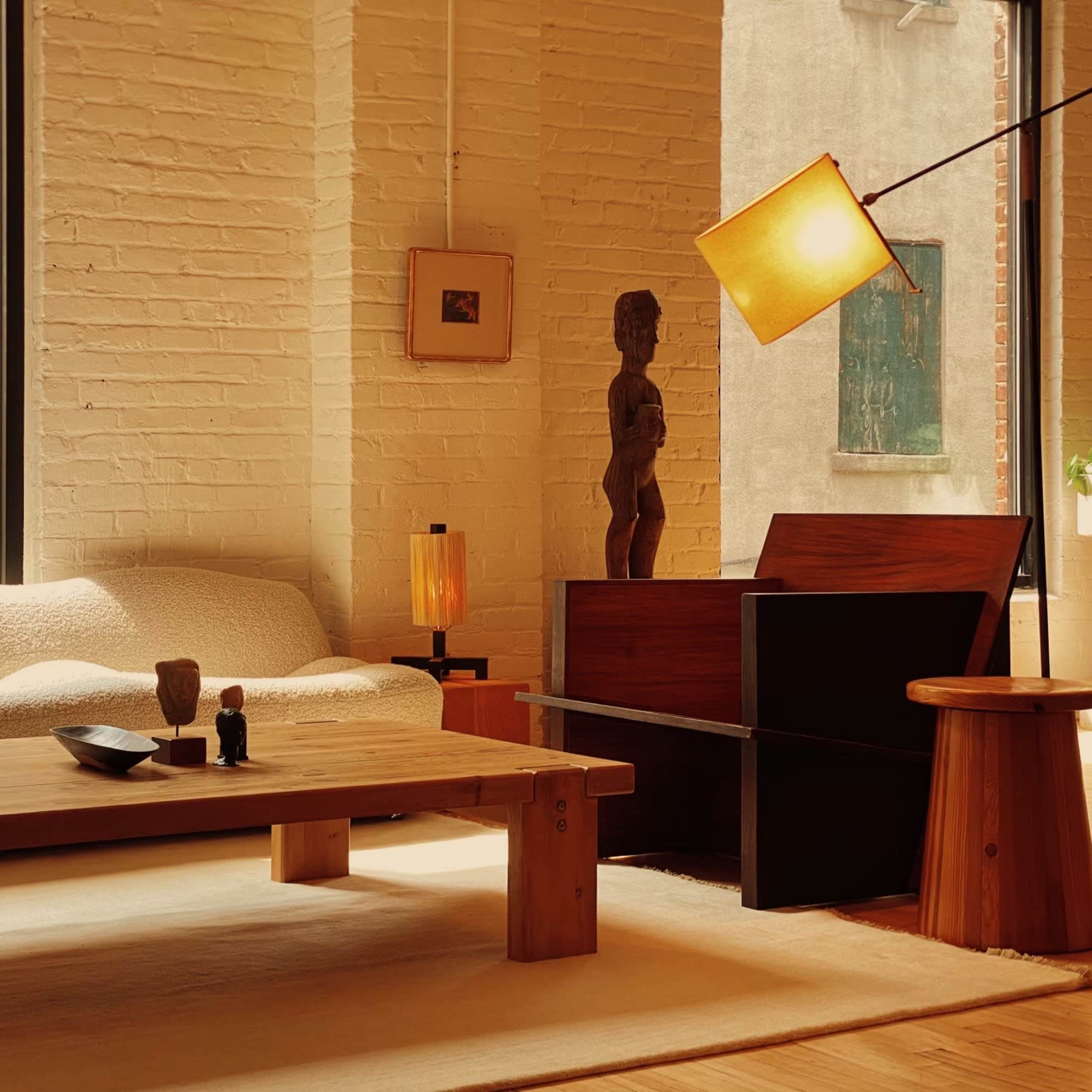A modern living room features a minimalist sofa, a wooden coffee table, and a sculptural figure amidst warm lighting.