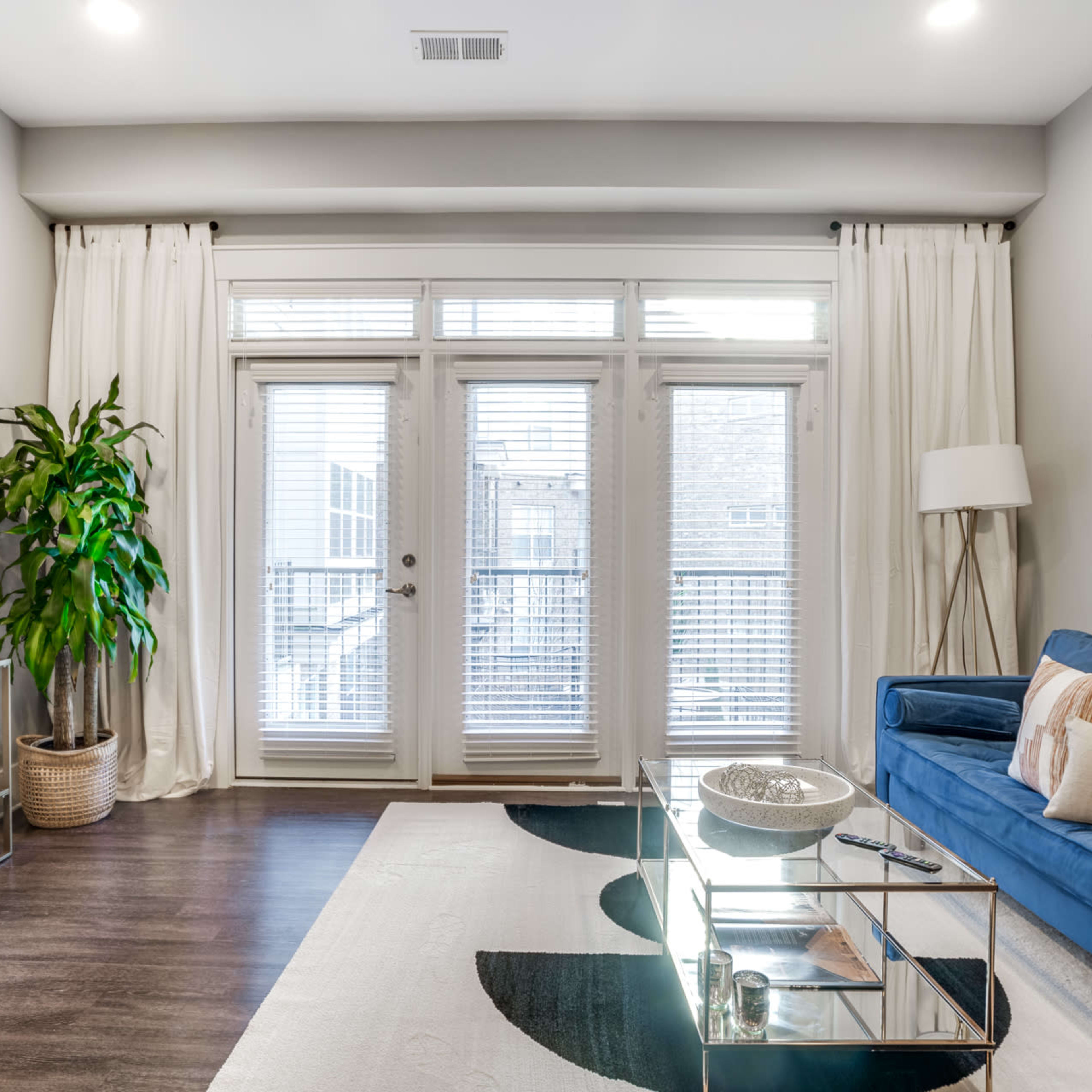 The living room features a blue sofa, a glass coffee table, a TV mounted on the wall, and large windows with white curtains.
