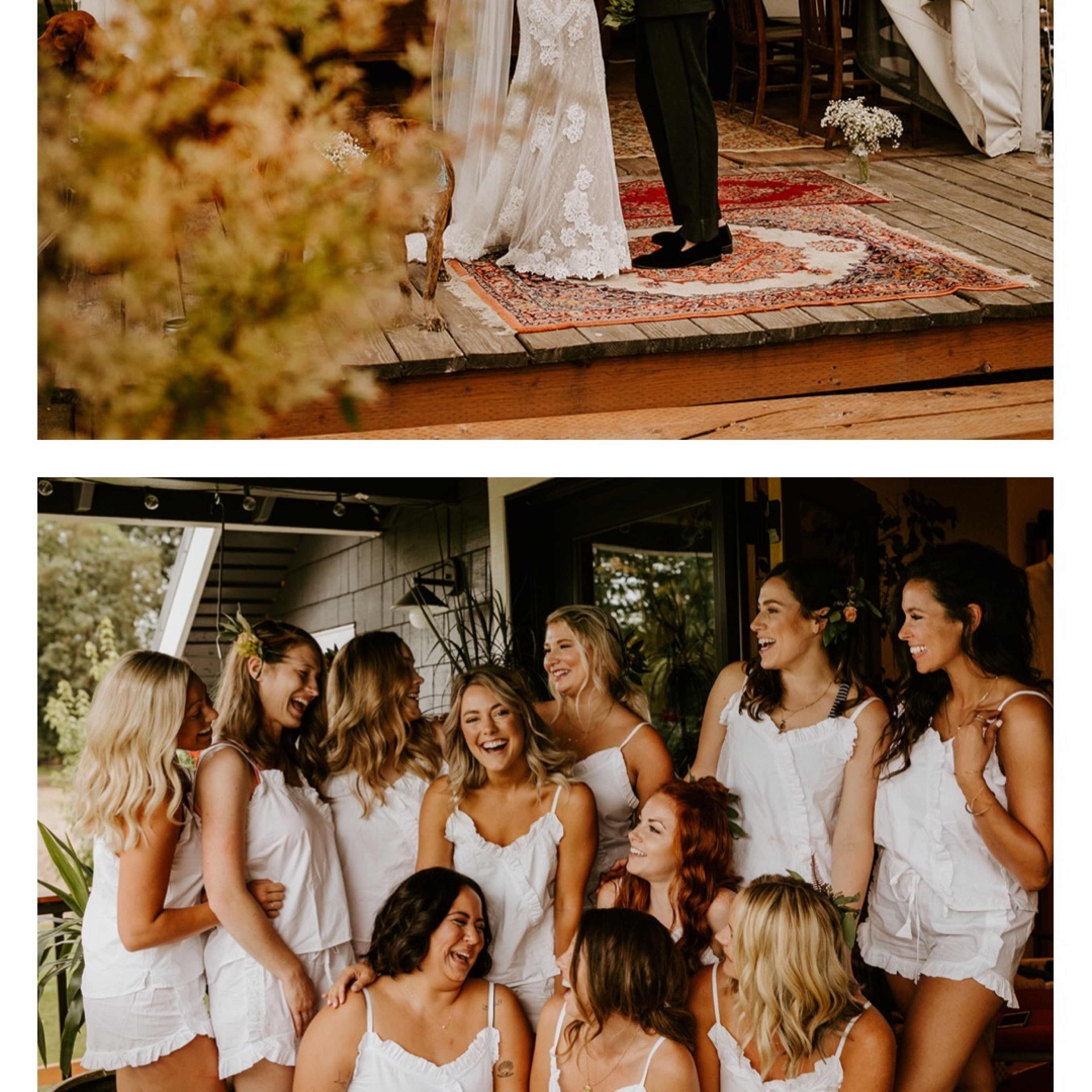 A couple exchanging vows in front of a tent, while a group of bridesmaids in matching outfits joyfully gather together nearby.