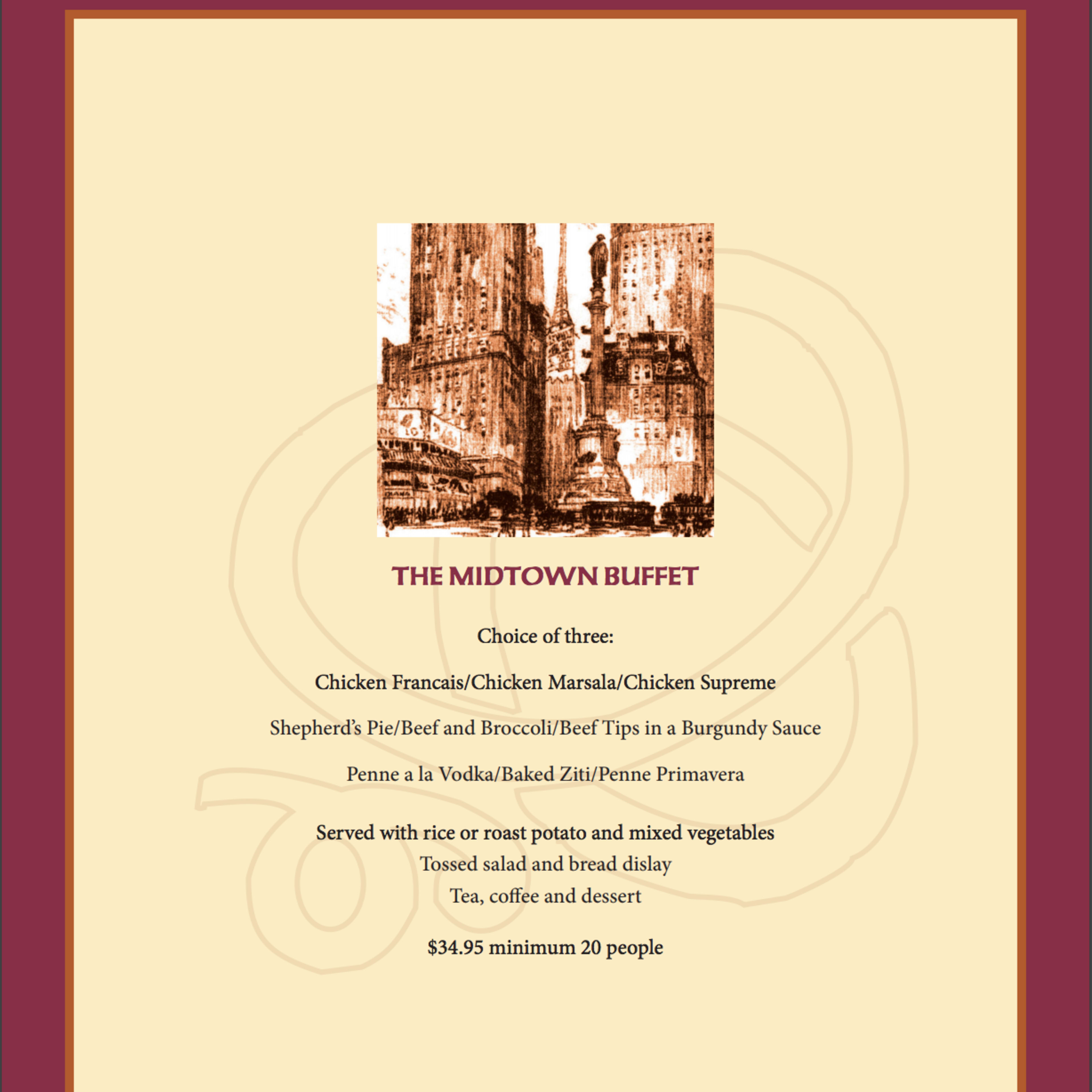 The menu displays a selection of dishes available at the Midtown Buffet, including chicken, beef, and pasta options, along with sides and dessert for $34.95 per person.
