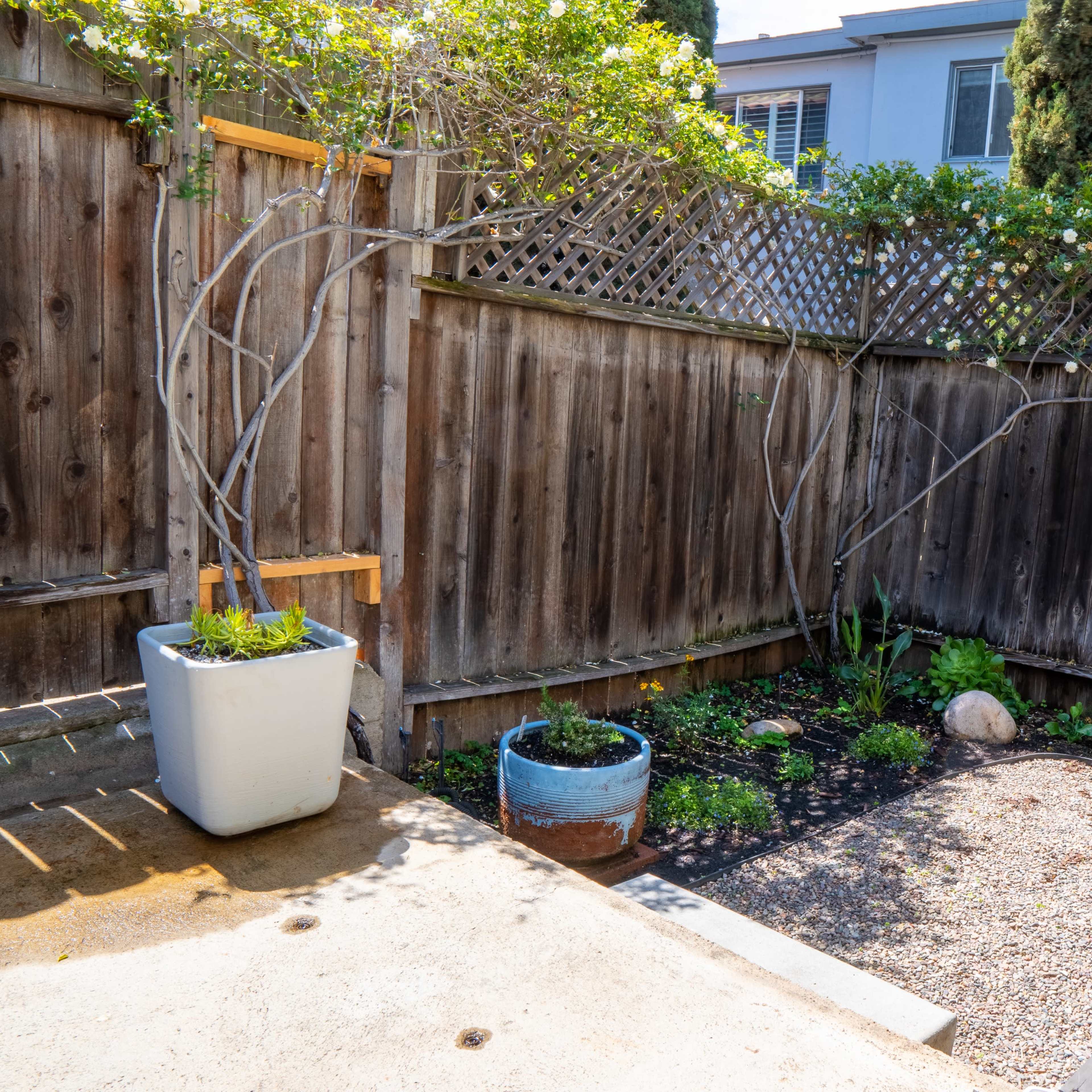 A small garden area enclosed by wooden fences, featuring potted plants and a stone set in a gravel ground.