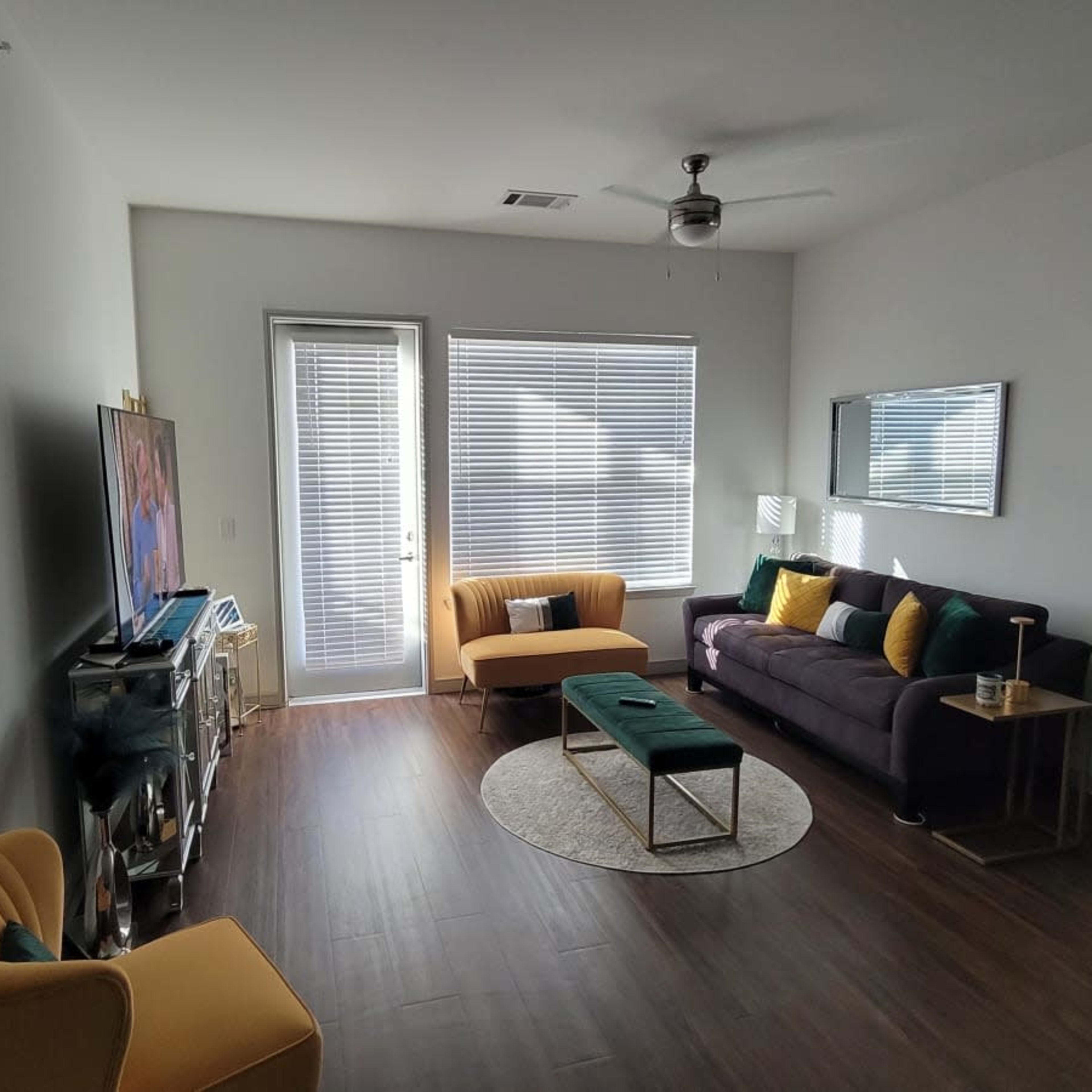 The living room features a modern sofa setup, a TV, a round rug, and large windows with blinds.