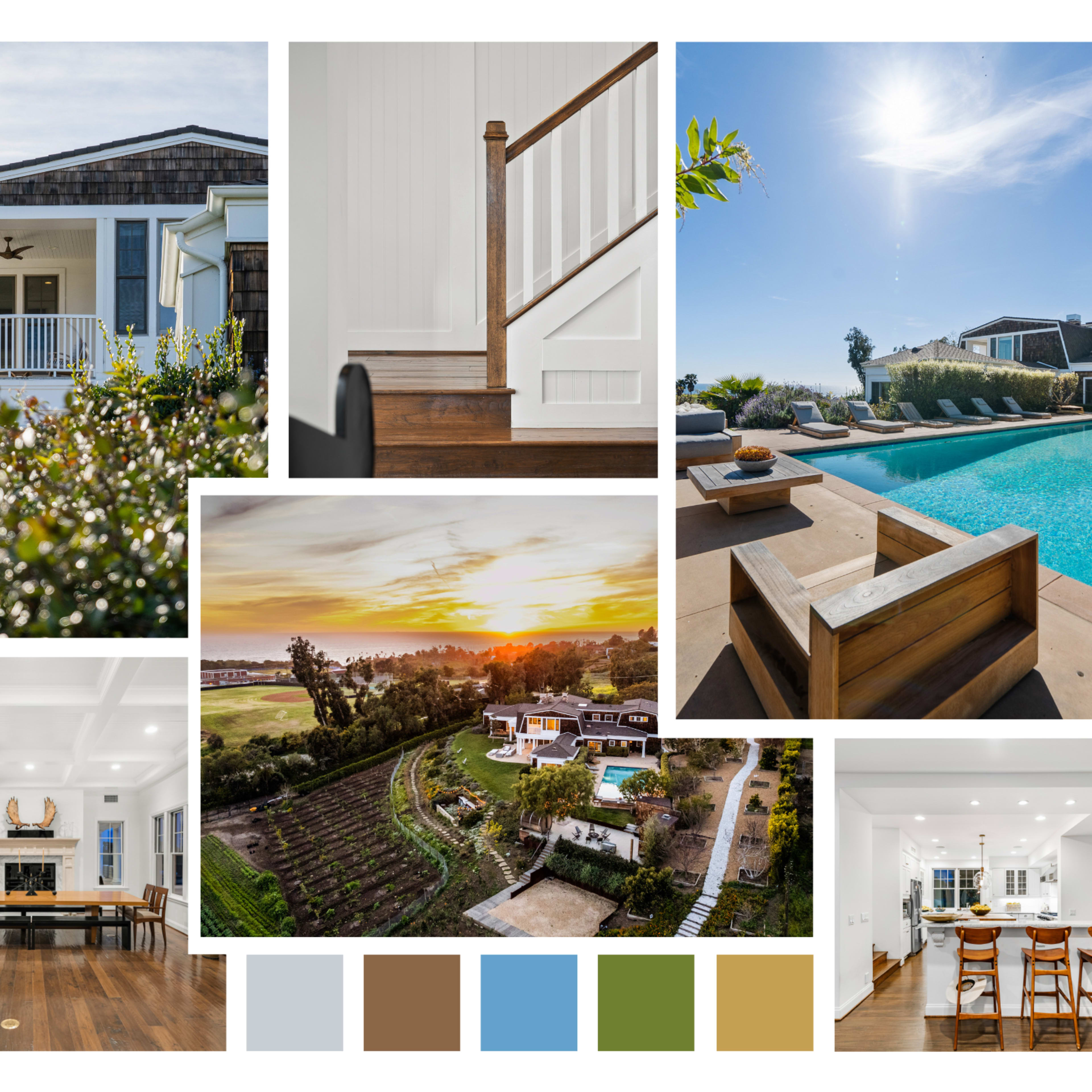 A collage of various scenes showcasing a modern home with a pool, stairway, dining area, and aerial view of landscaped gardens.