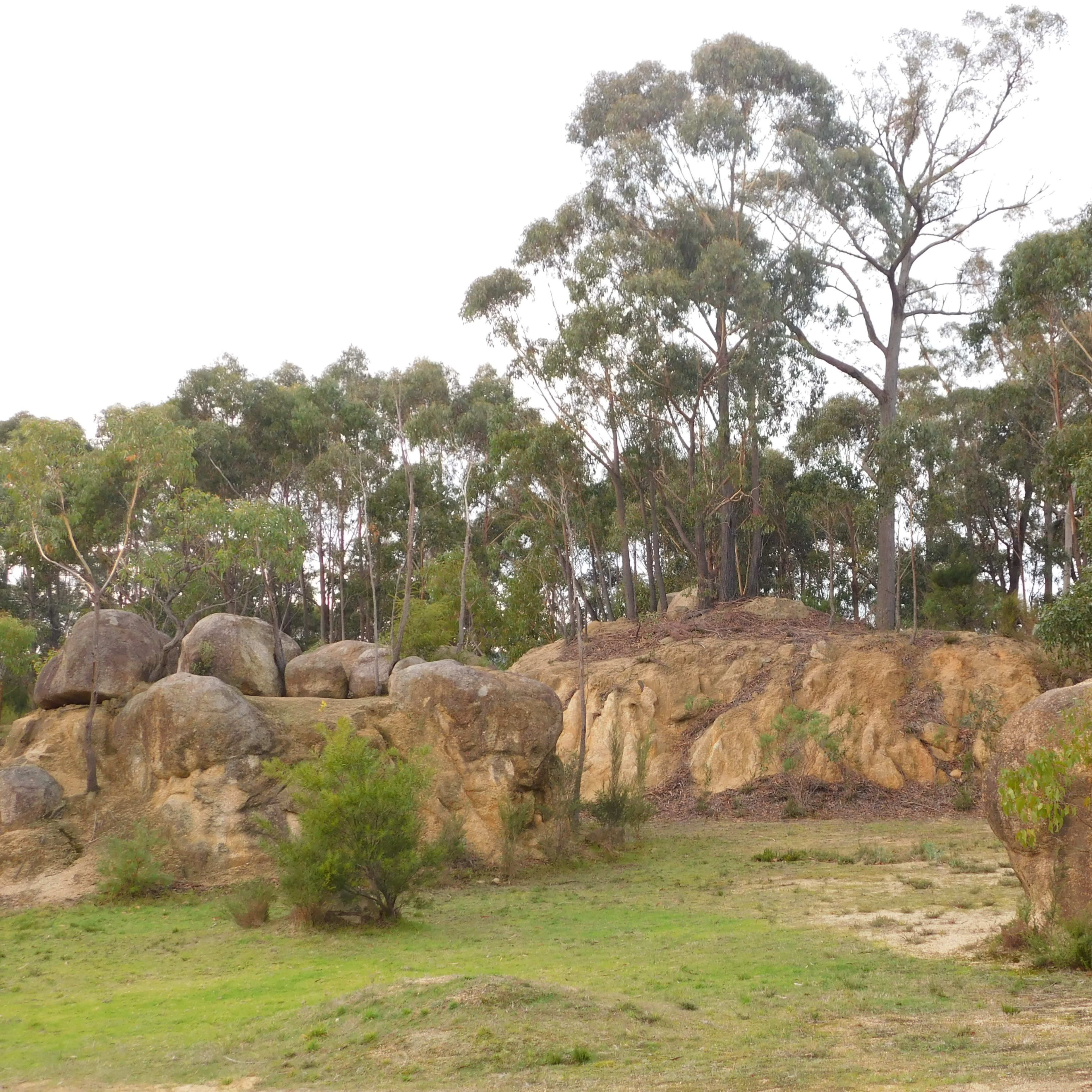 A cluster of large boulders is situated beside a hill adorned with trees amidst a grassy area.