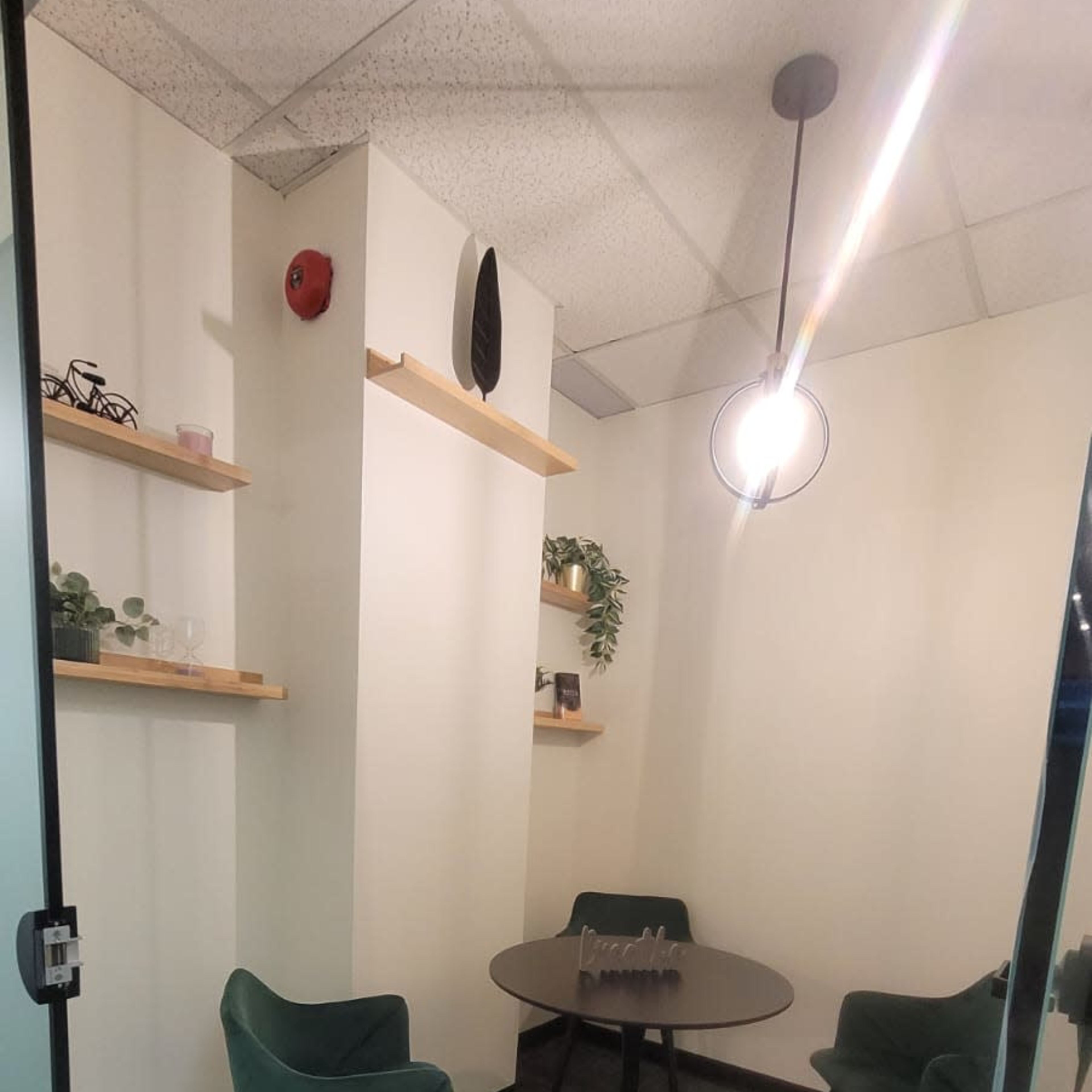 A small meeting room features a round black table surrounded by three green chairs, with shelves displaying plants and decorative items on the wall.