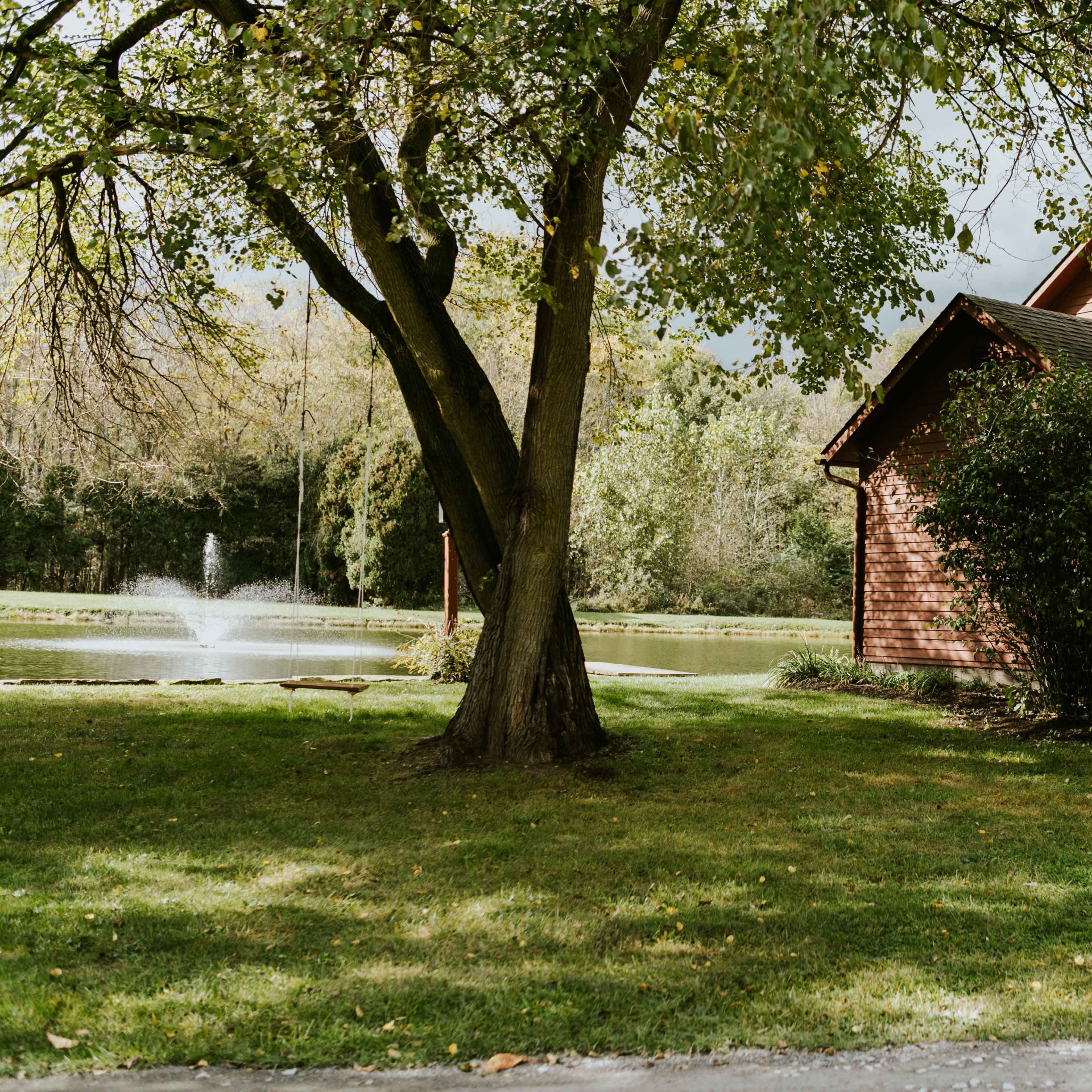 A red wooden house sits beside a pond with a fountain, surrounded by grass and trees.
