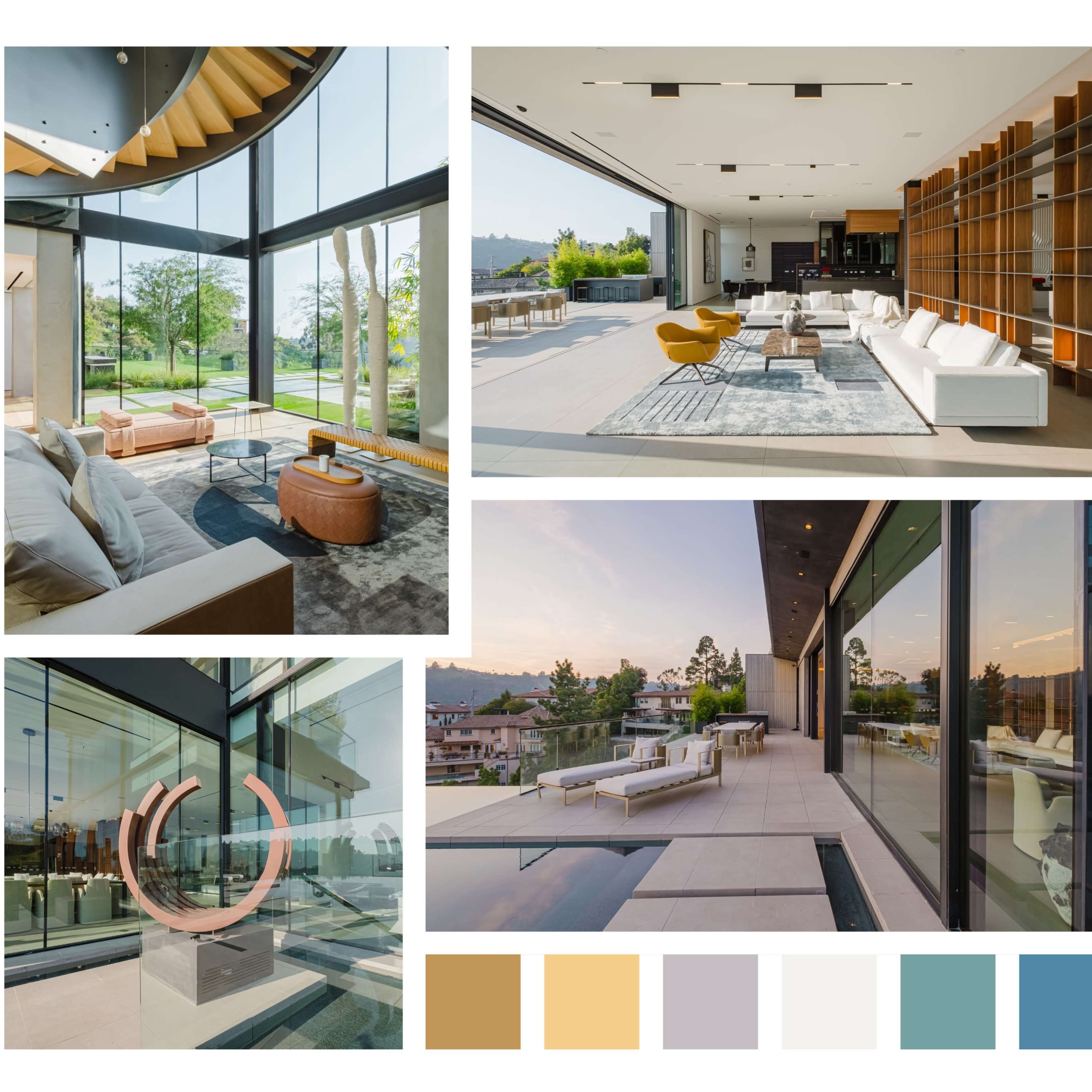 A modern interior design featuring large windows, an elegant staircase, a spacious living area, and an outdoor terrace with a stunning view.