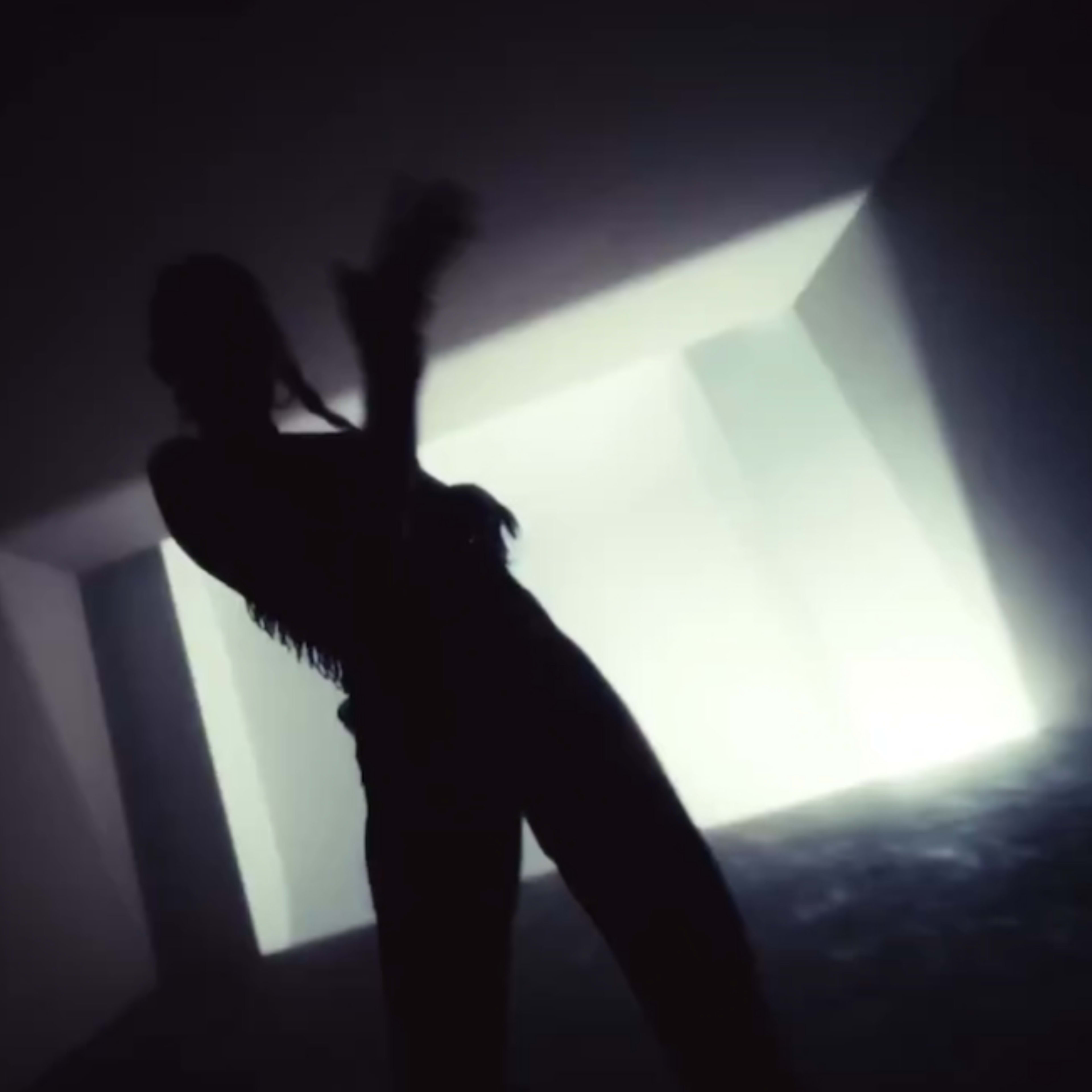 A silhouetted figure stands in a dimly lit room with a bright rectangular light in the background.