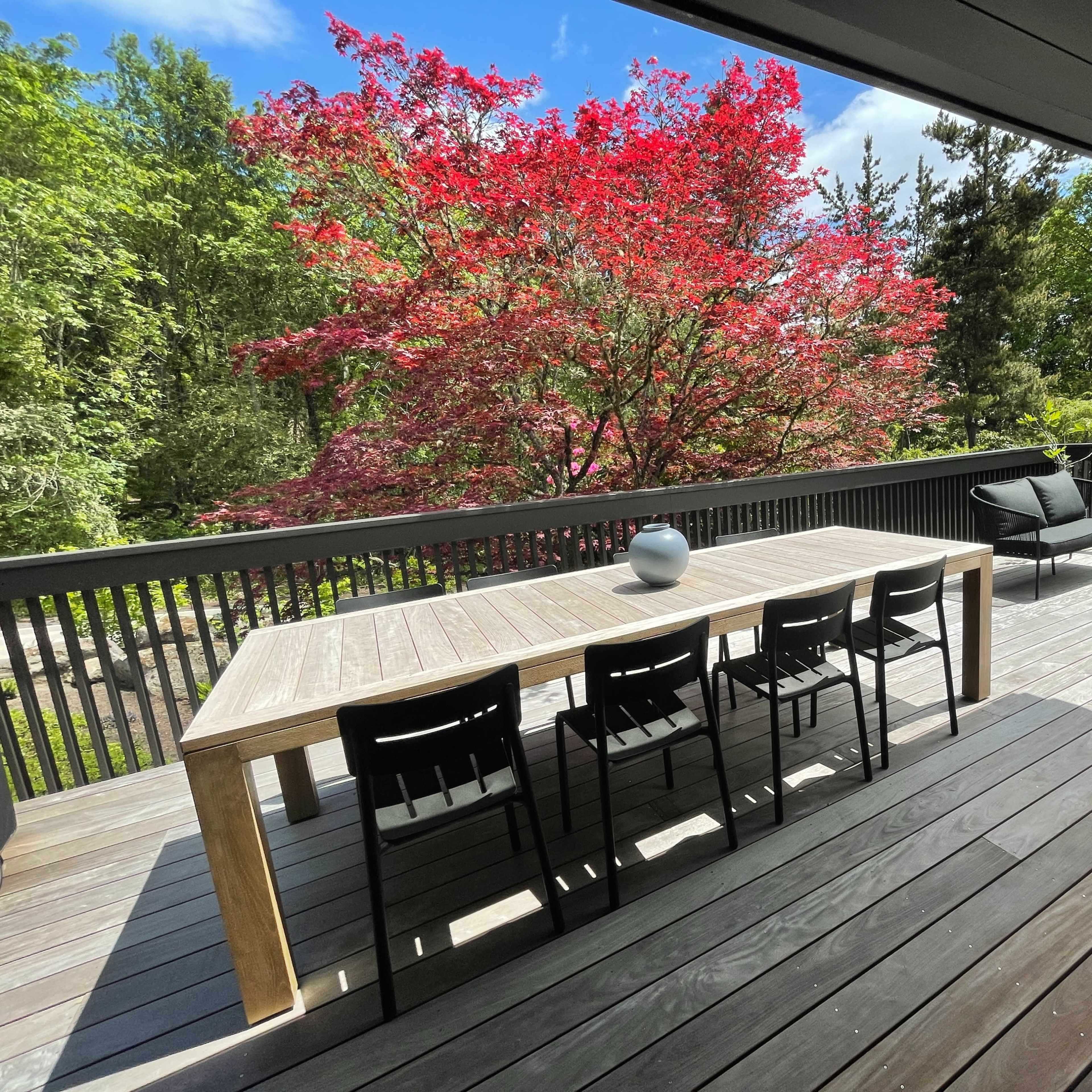 A wooden deck features a long table with black chairs, overlooking lush greenery and a vibrant red tree.