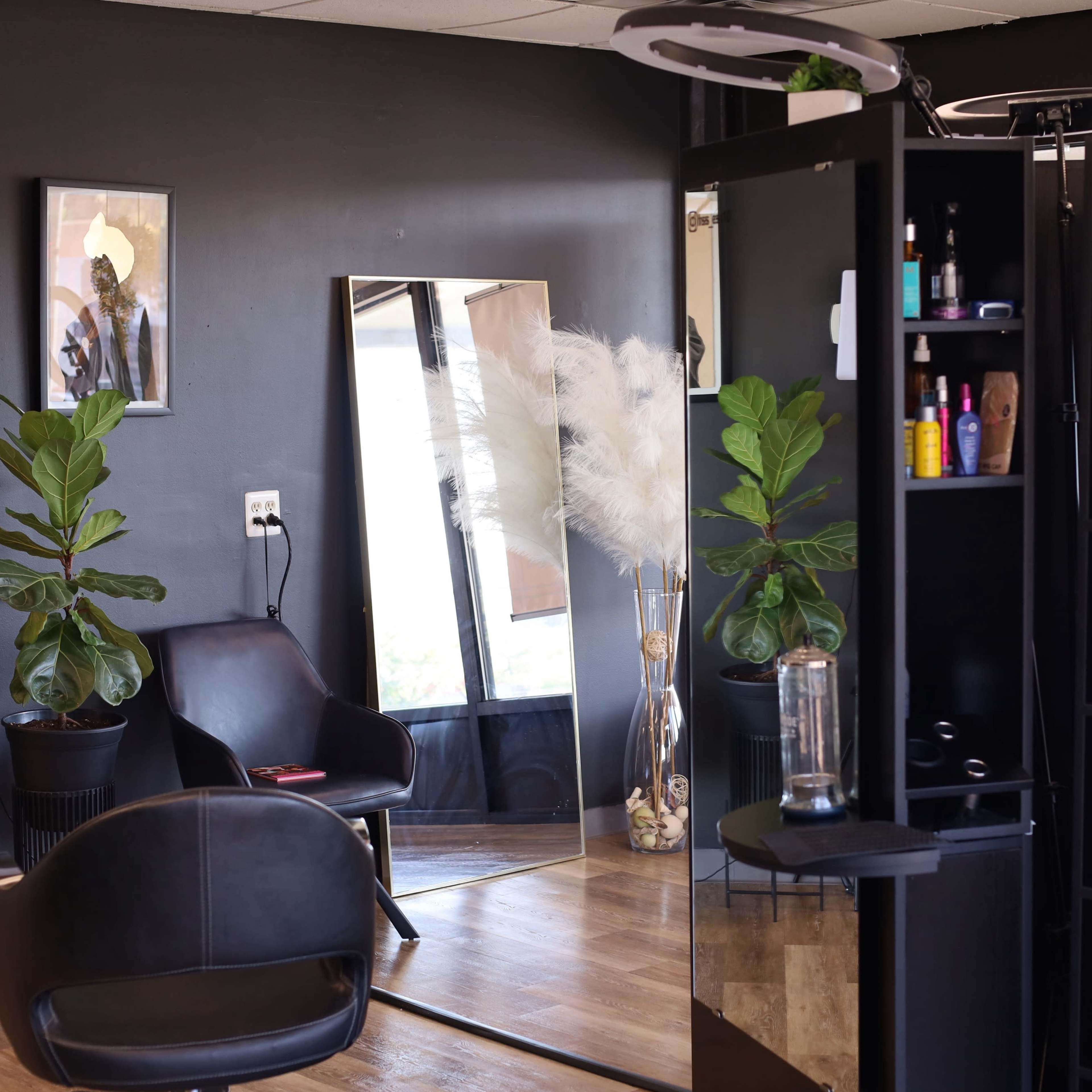 A modern hair salon with a black interior, featuring plants, mirrors, and hairstyling equipment.