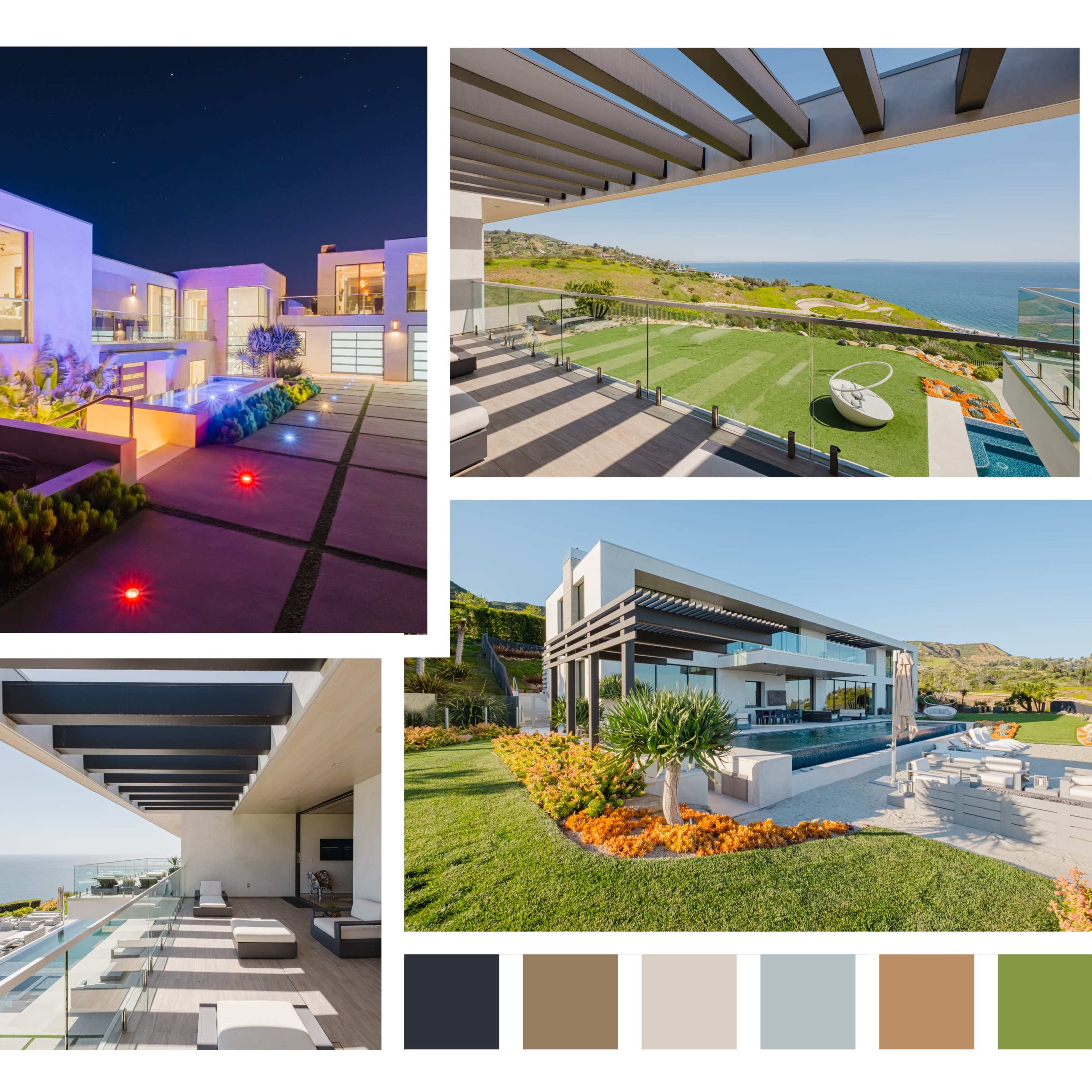 A series of modern architectural perspectives of a coastal villa, showcasing outdoor spaces, landscaped gardens, and contemporary interior designs.