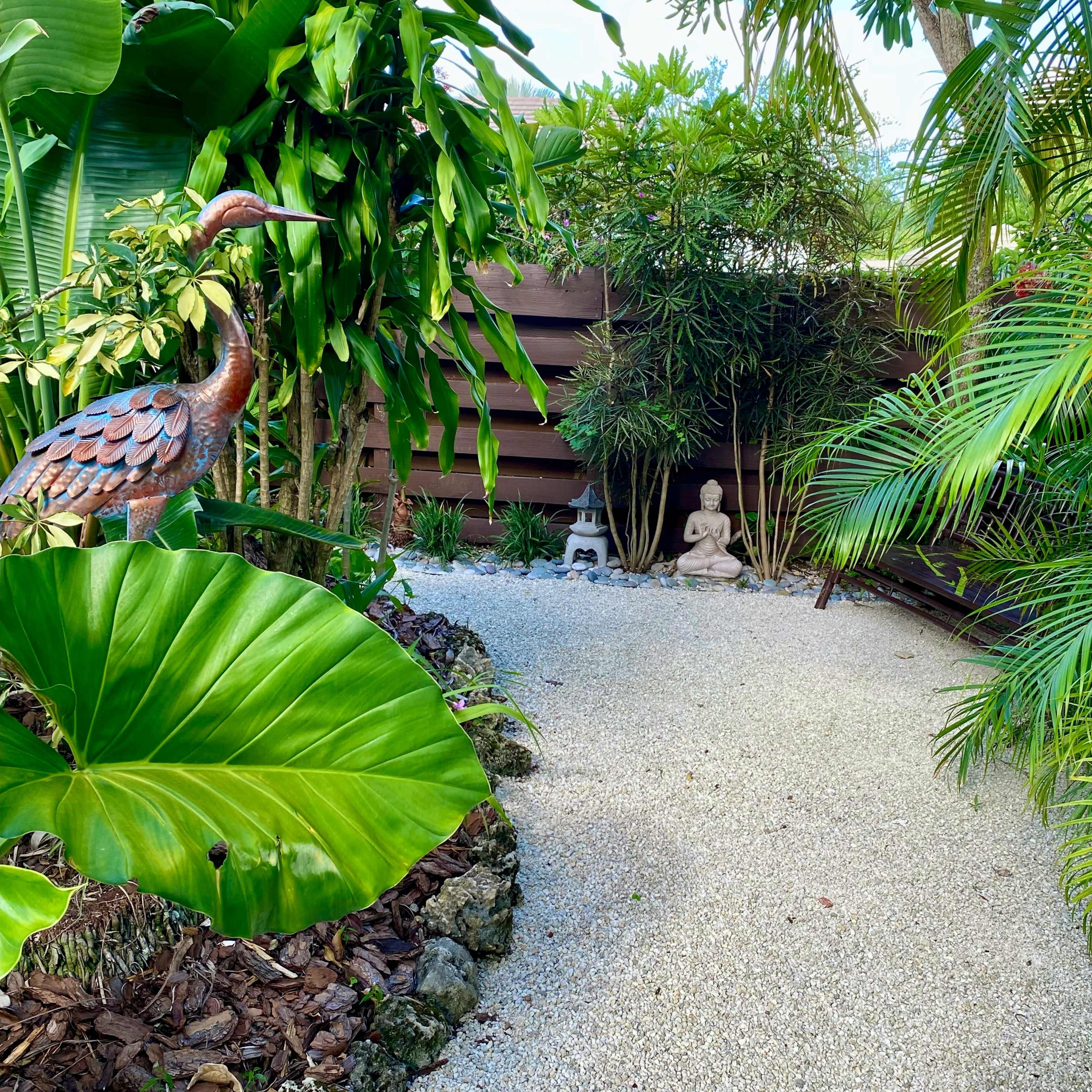 A gravel pathway surrounded by lush greenery leads to a small statue of a Buddha nestled among tropical plants.