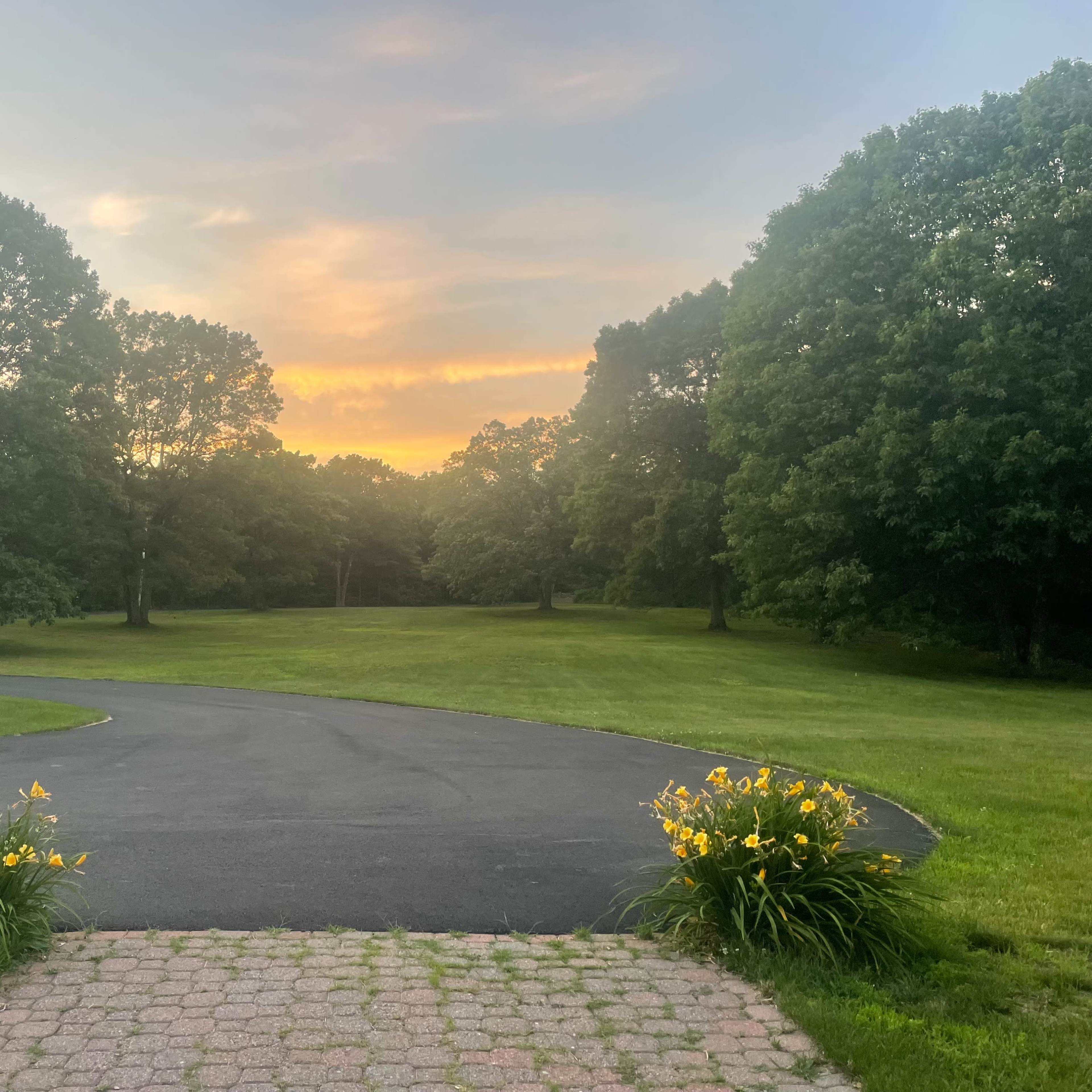 A gravel pathway leads through a landscaped yard with trees and yellow flowers toward a sunset sky.
