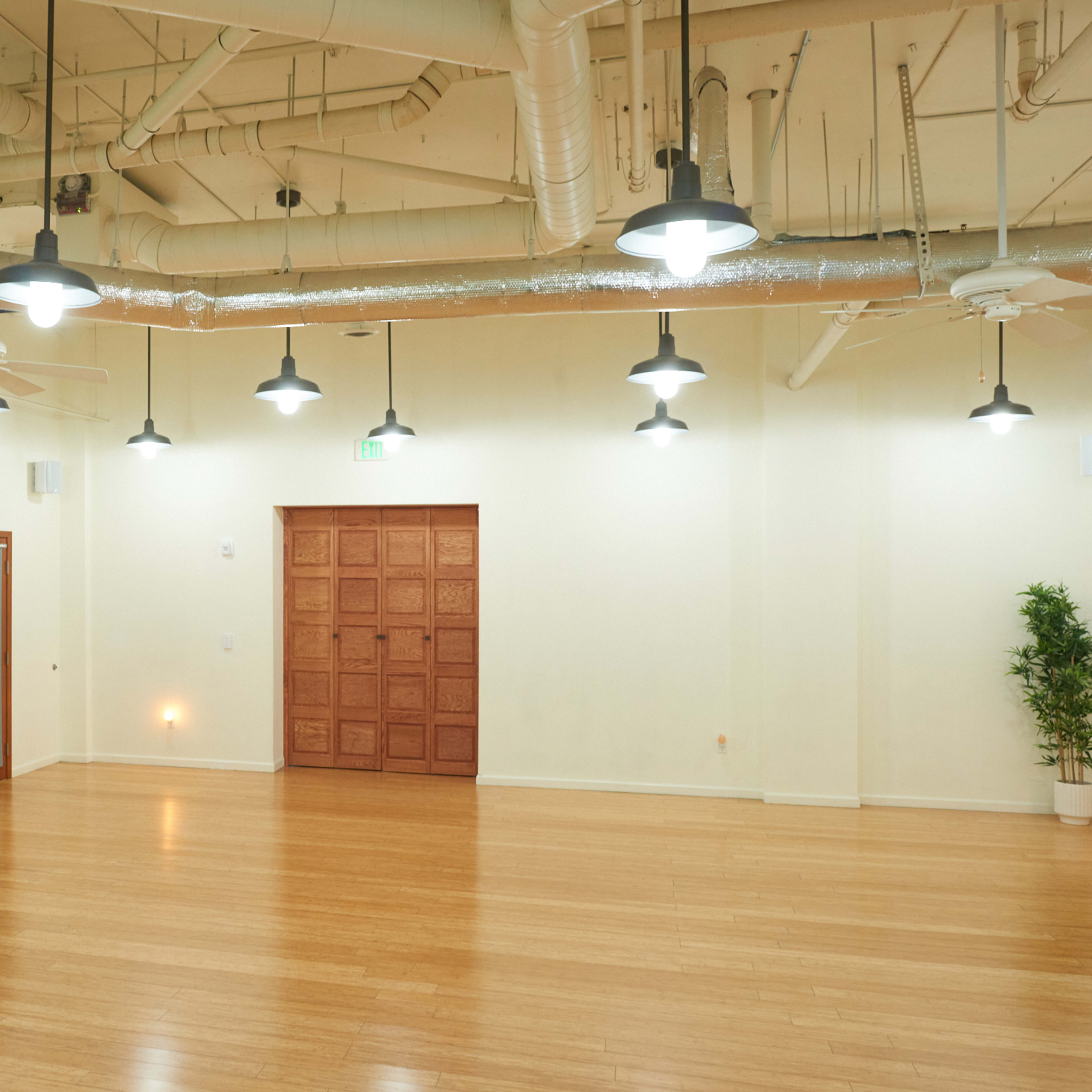 A spacious, empty room with wooden flooring and several pendant lights hanging from the ceiling, along with a large wooden door and a potted plant in one corner.