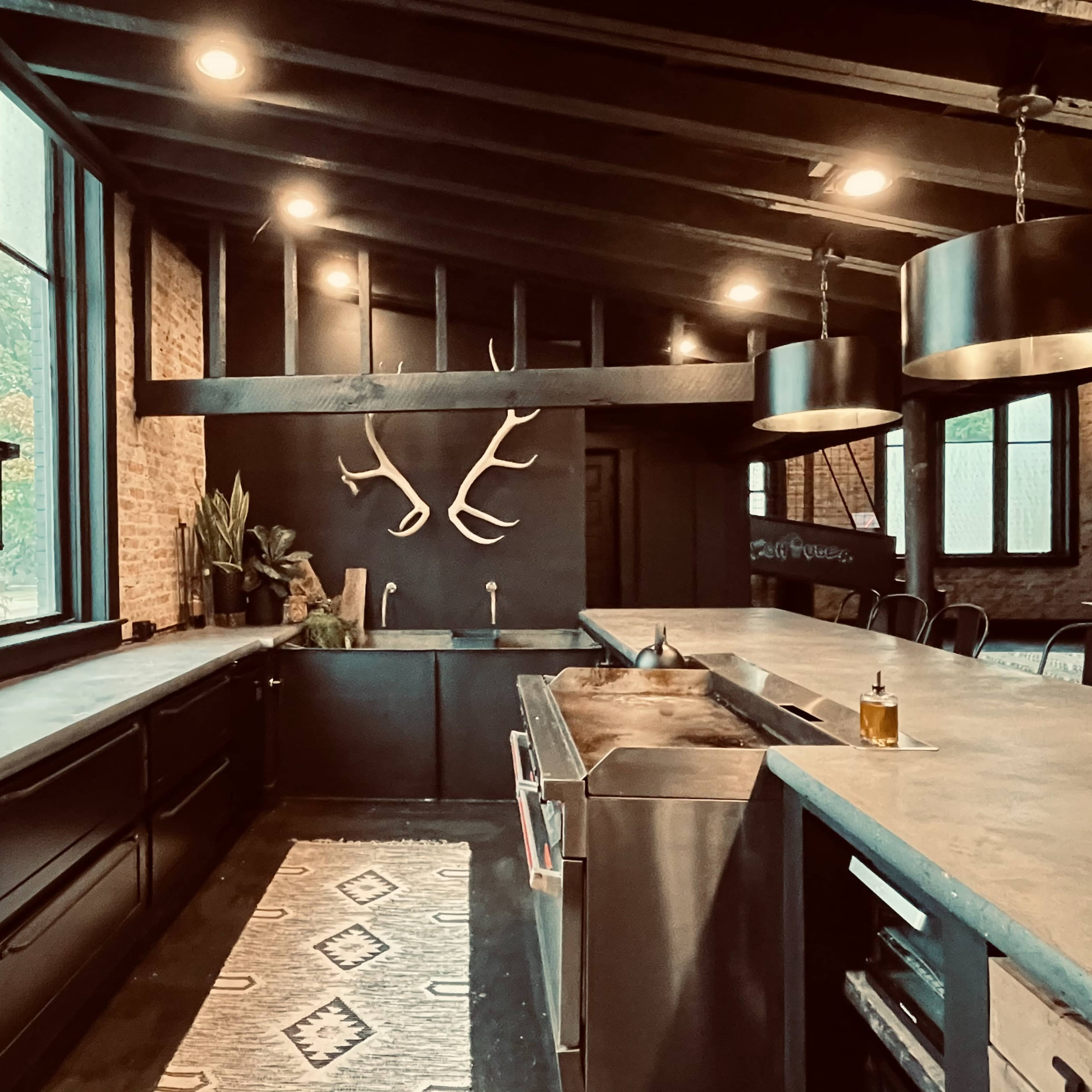 A modern kitchen featuring a large countertop, stainless steel appliances, and antler decor on the wall.