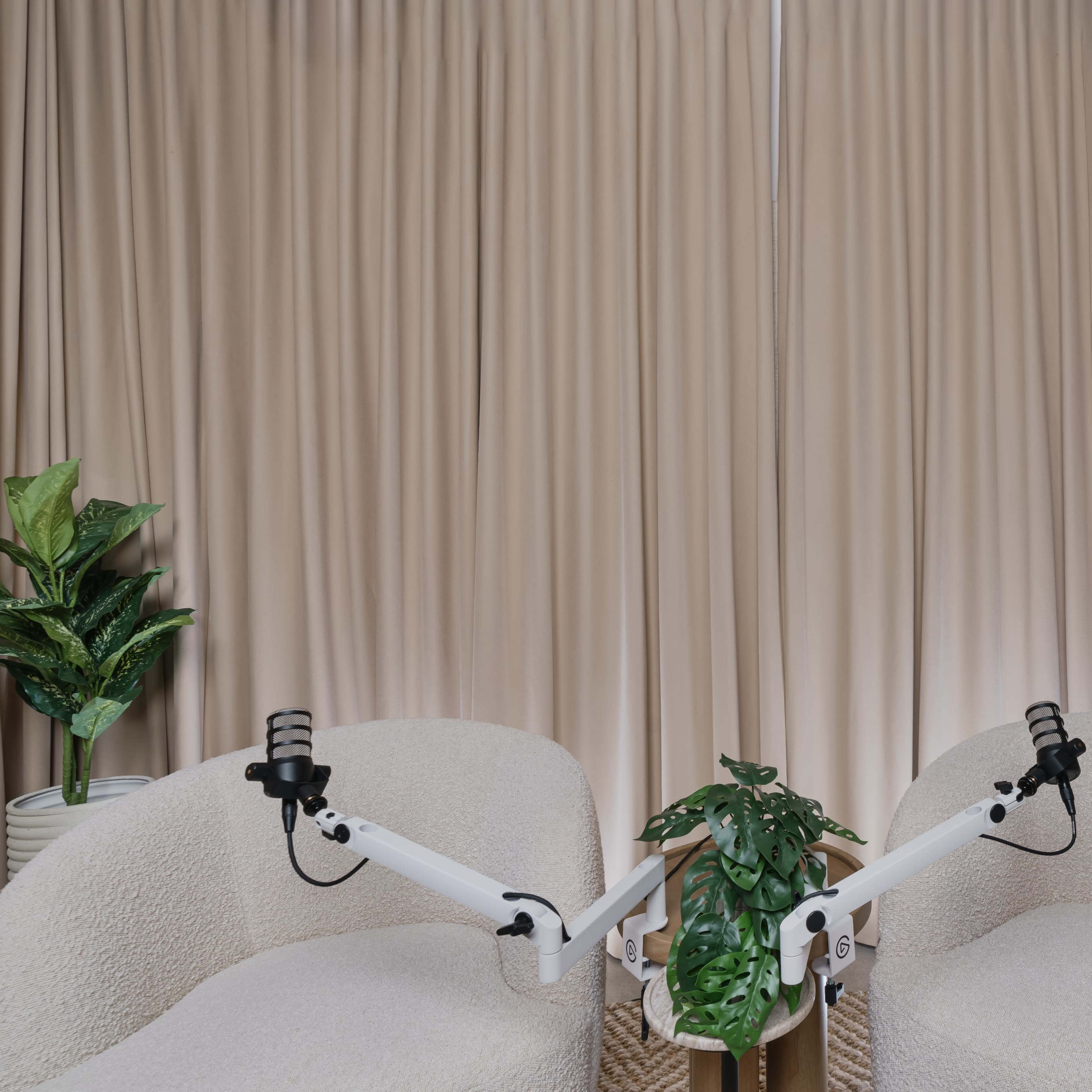 Two beige chairs positioned facing each other with a potted plant in between, set against a backdrop of light-colored curtains.