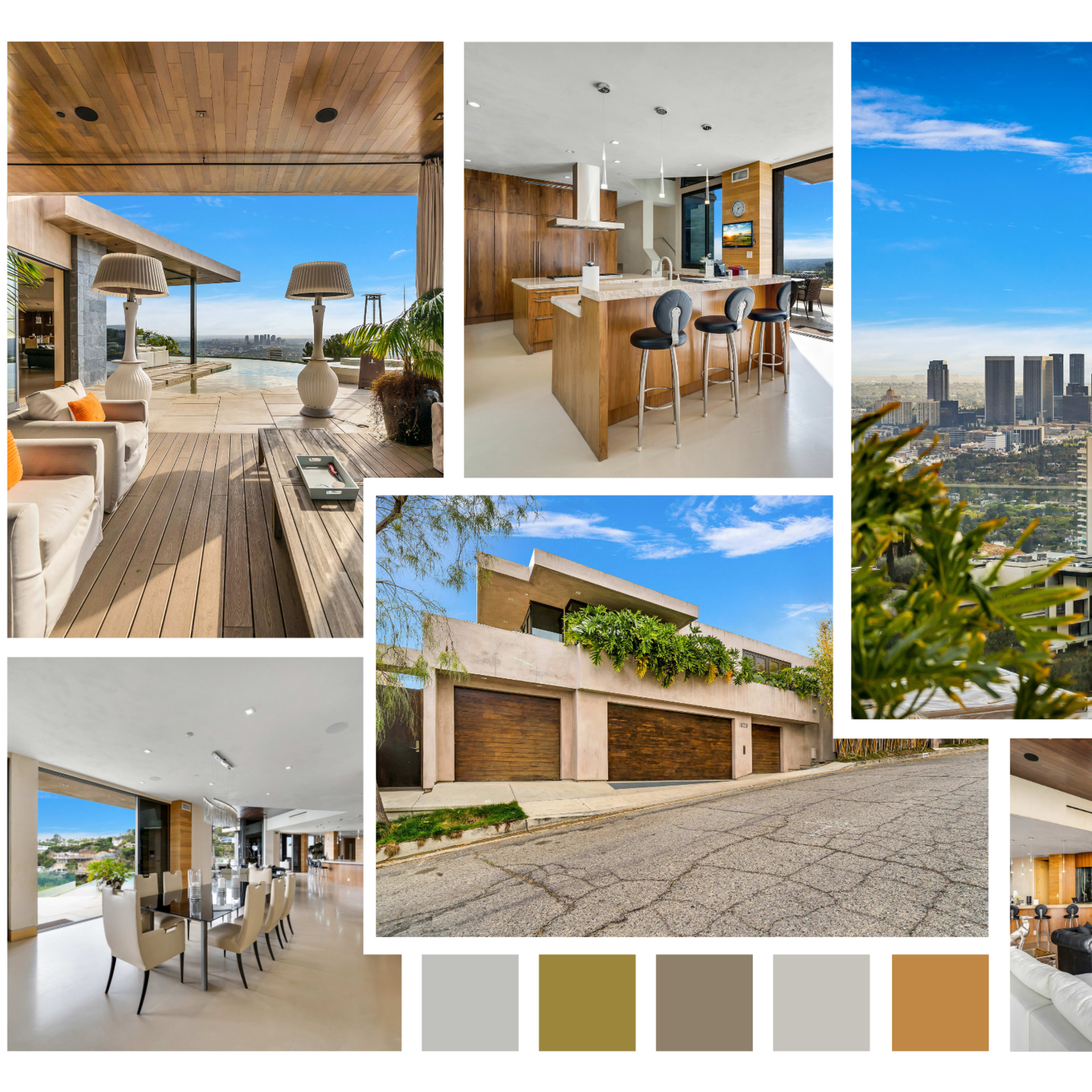 A modern, luxurious home interior and exterior with expansive views of a city skyline.