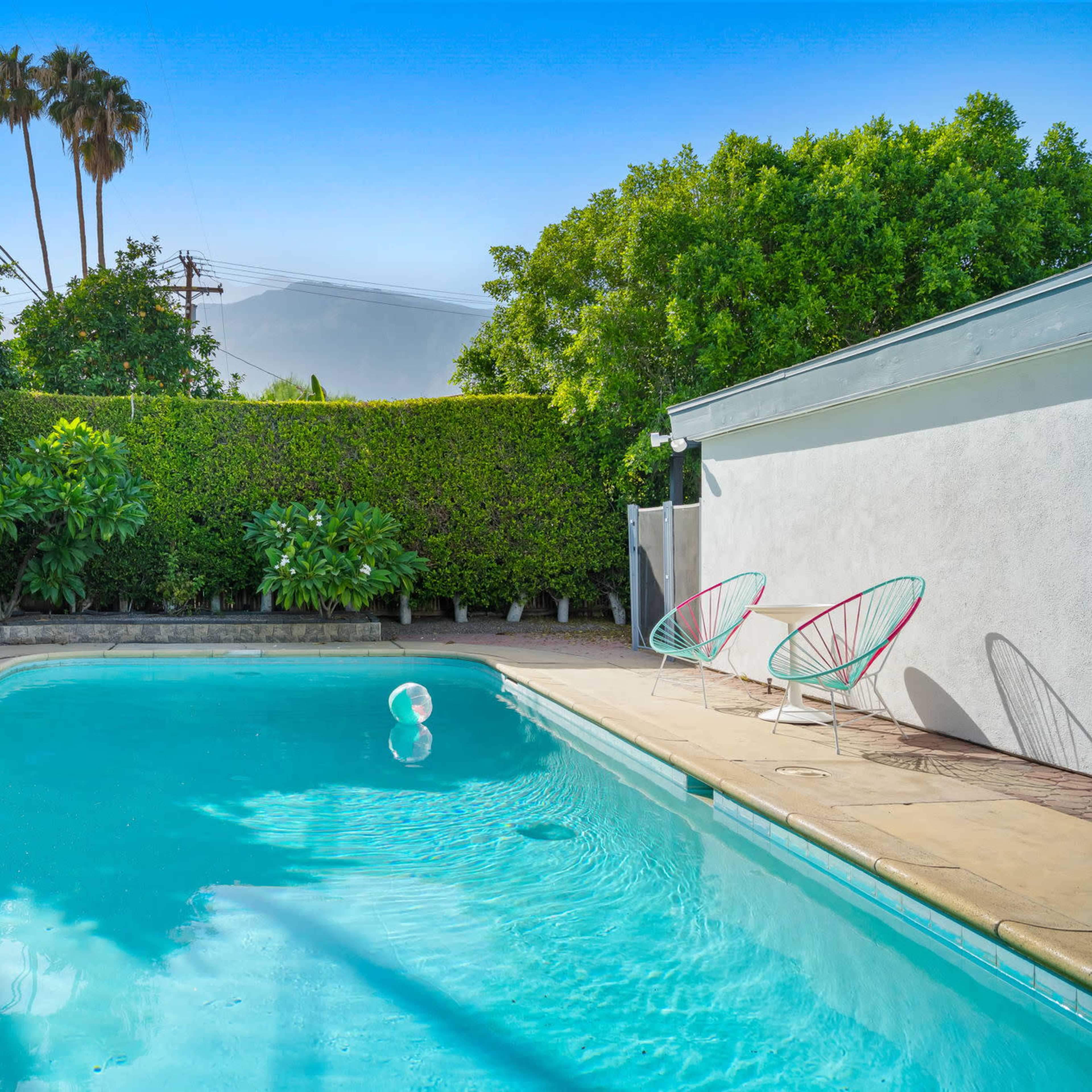 A serene swimming pool surrounded by lush greenery and palm trees, with colorful chairs positioned nearby.
