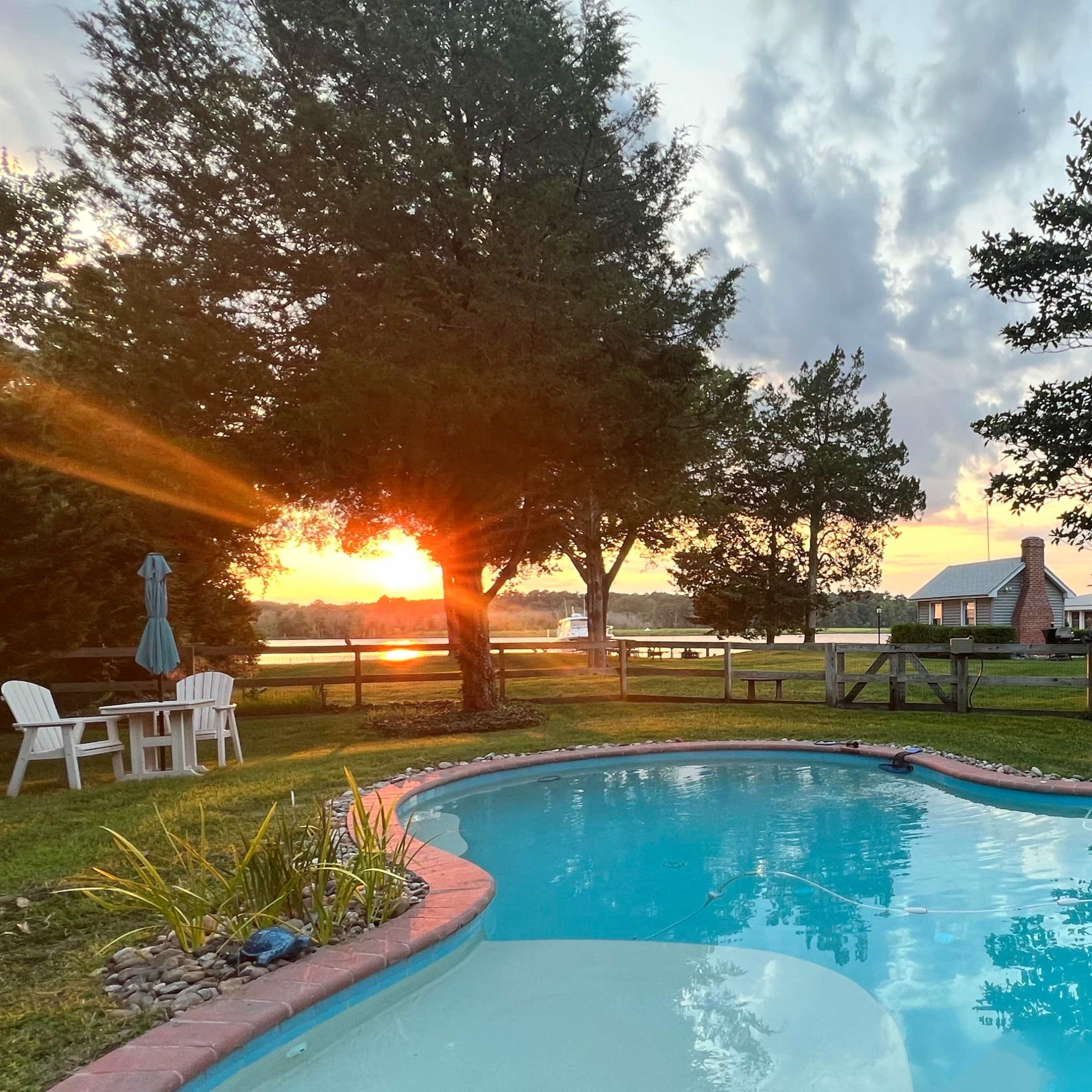 A tranquil backyard scene with a swimming pool reflecting the sunset and a nearby house surrounded by trees.