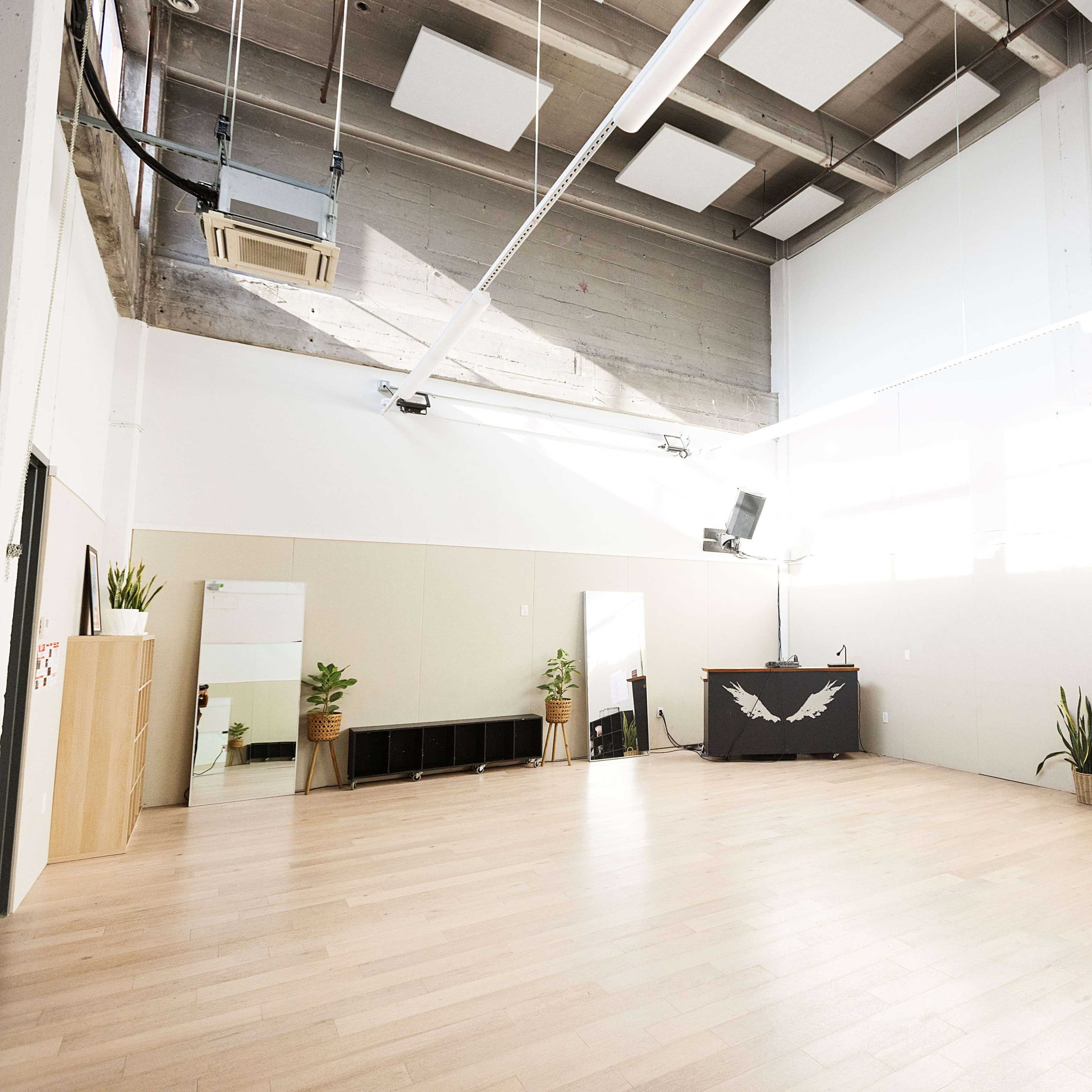 A spacious, well-lit room with wooden flooring, a reception area at the front, and shelving units along the walls.