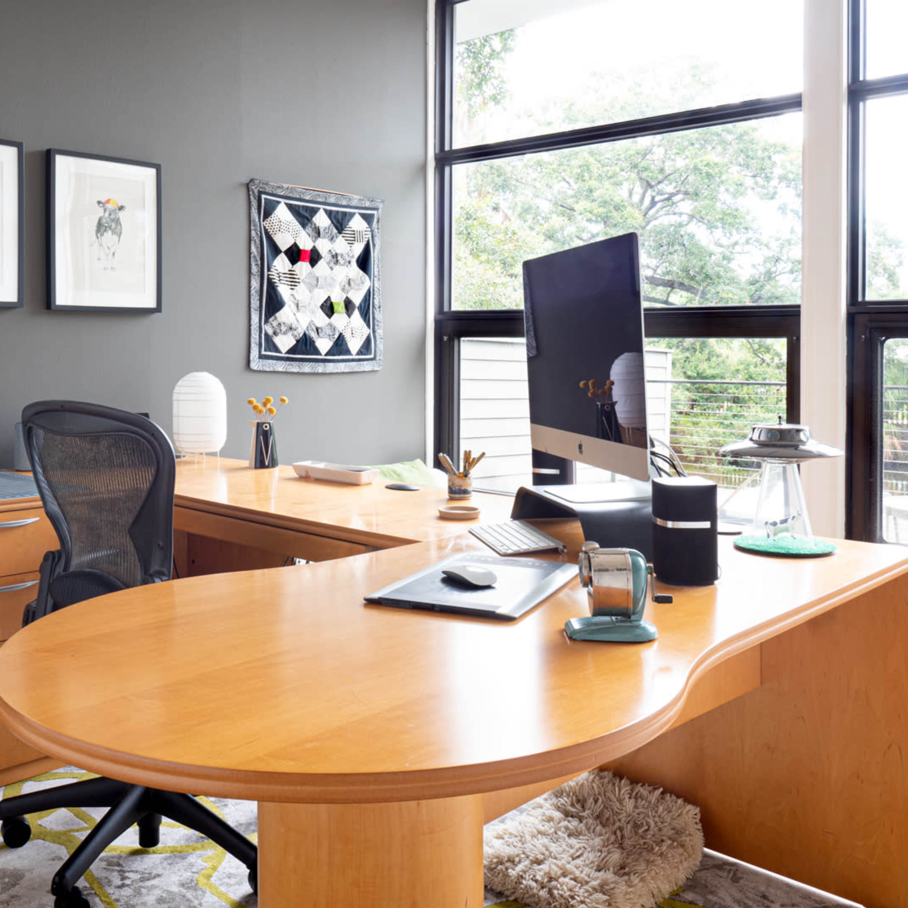 A modern office space featuring a large wooden desk, a computer, framed bird illustrations on the wall, and large windows allowing natural light to fill the room.