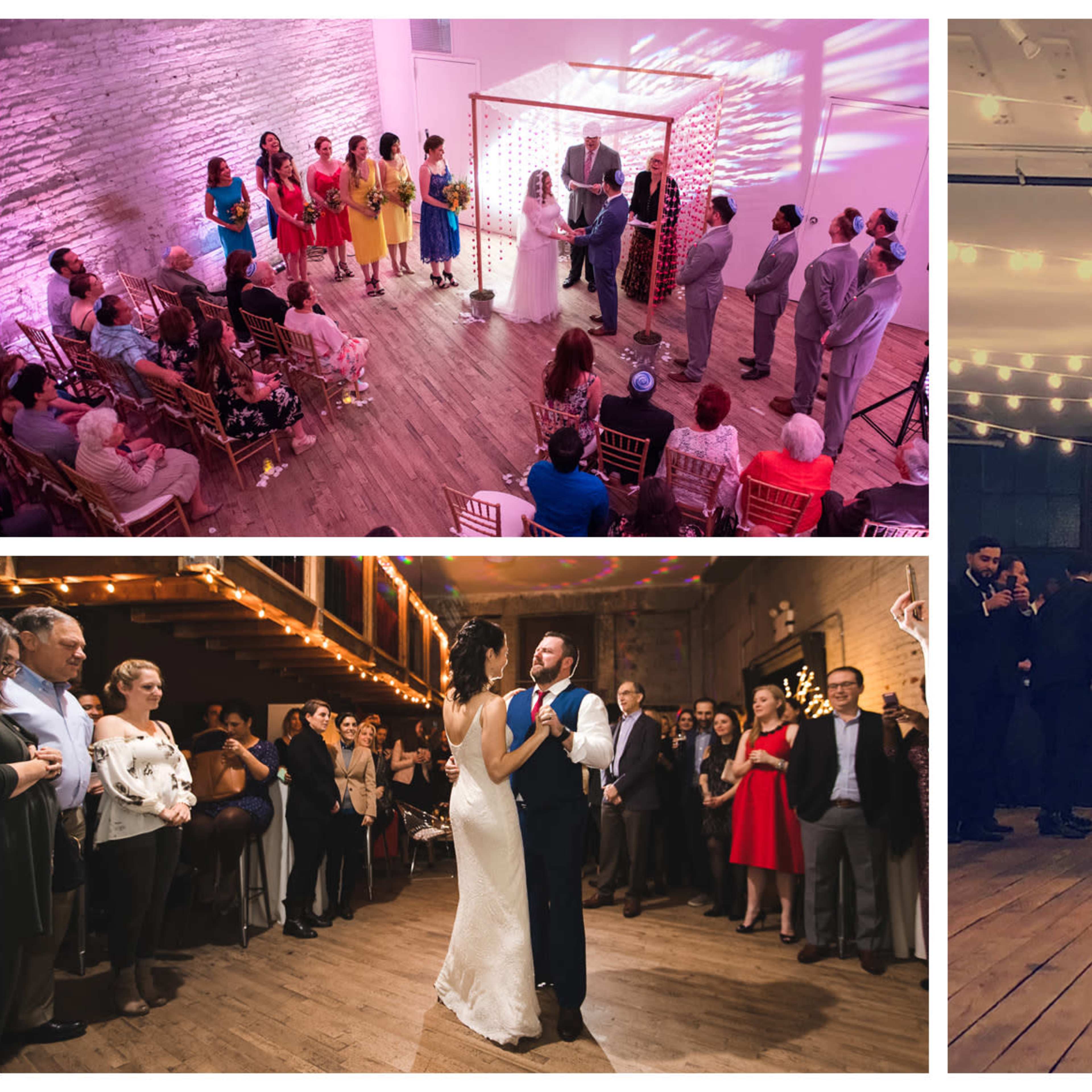 Three scenes from a wedding, including a ceremony with guests, a couple's first dance, and attendees enjoying the reception amidst soft lighting.