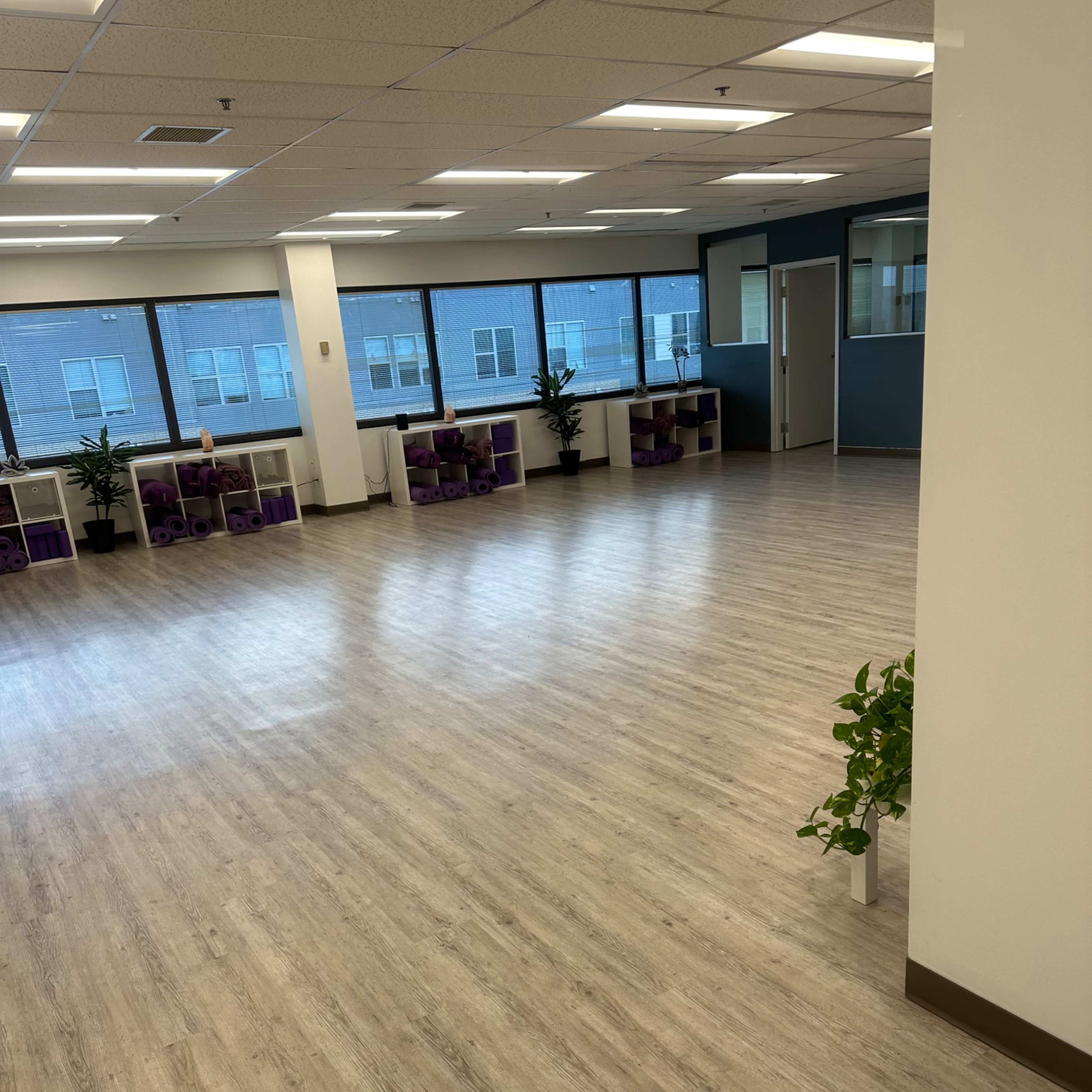 A spacious, well-lit room with wooden flooring, large windows, and plants arranged along the walls.