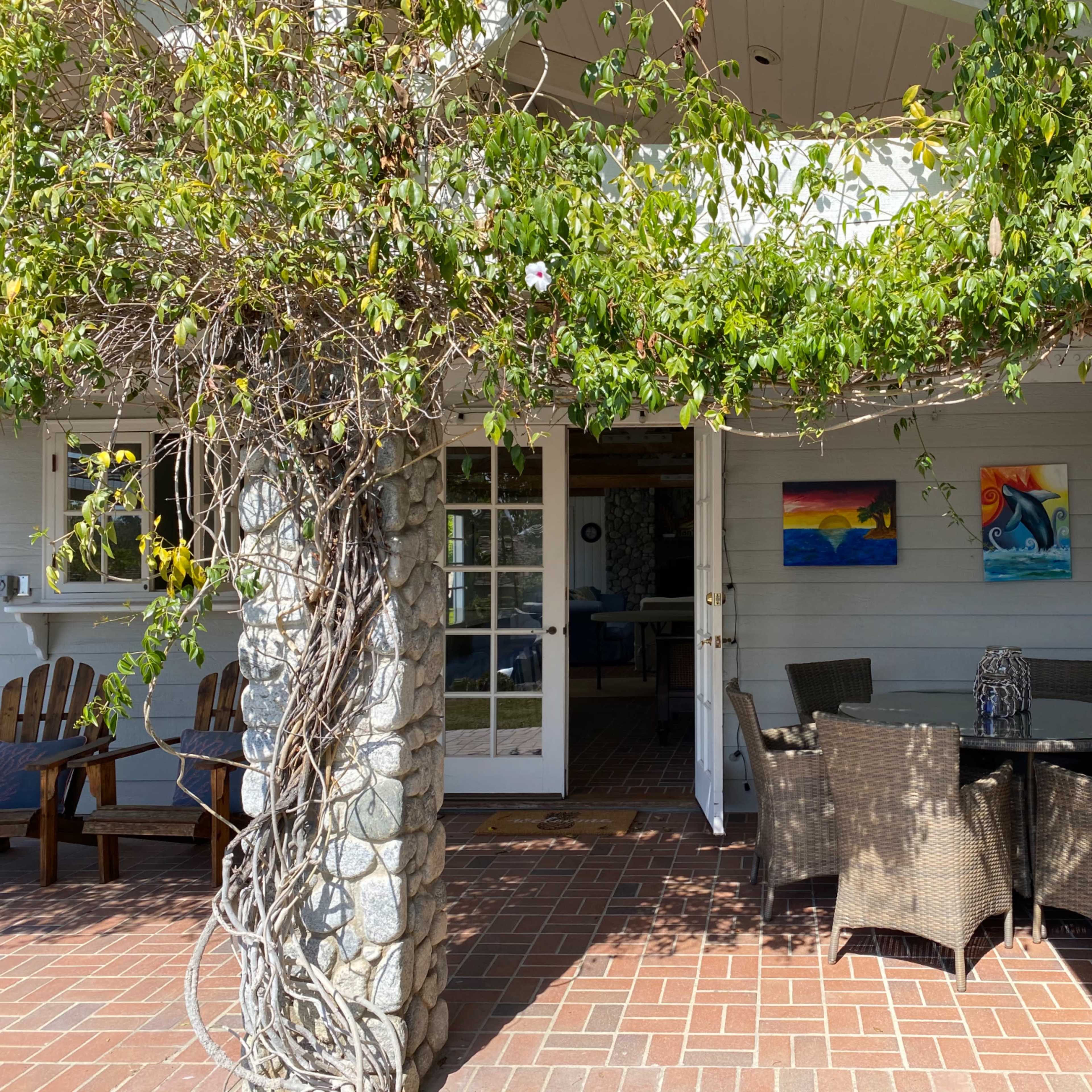 An outdoor seating area with a wicker table and chairs is partially shaded by vines, located next to a stone column and a door leading into a house.