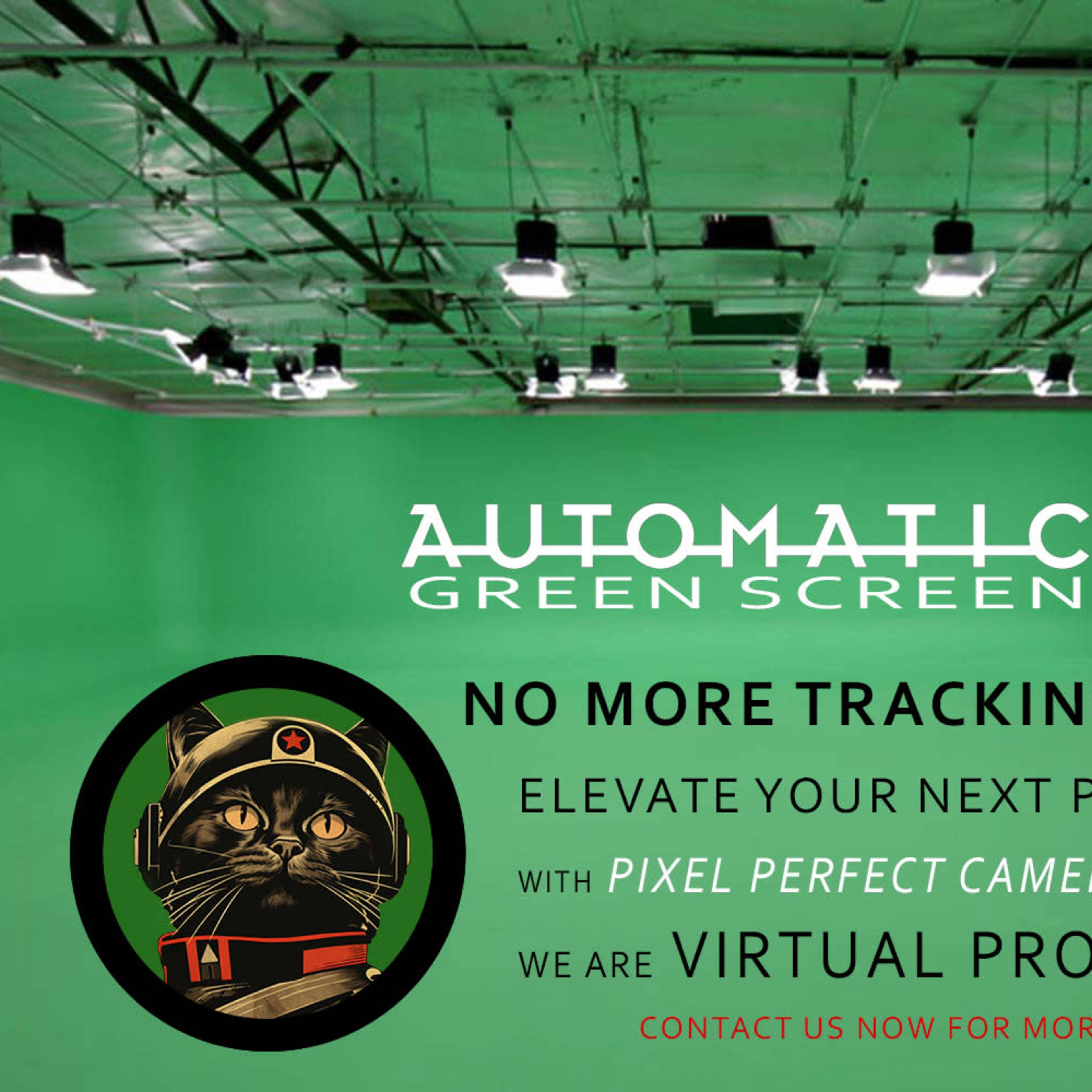 A green screen studio equipped with overhead lights, promoting automatic camera tracking for virtual production.