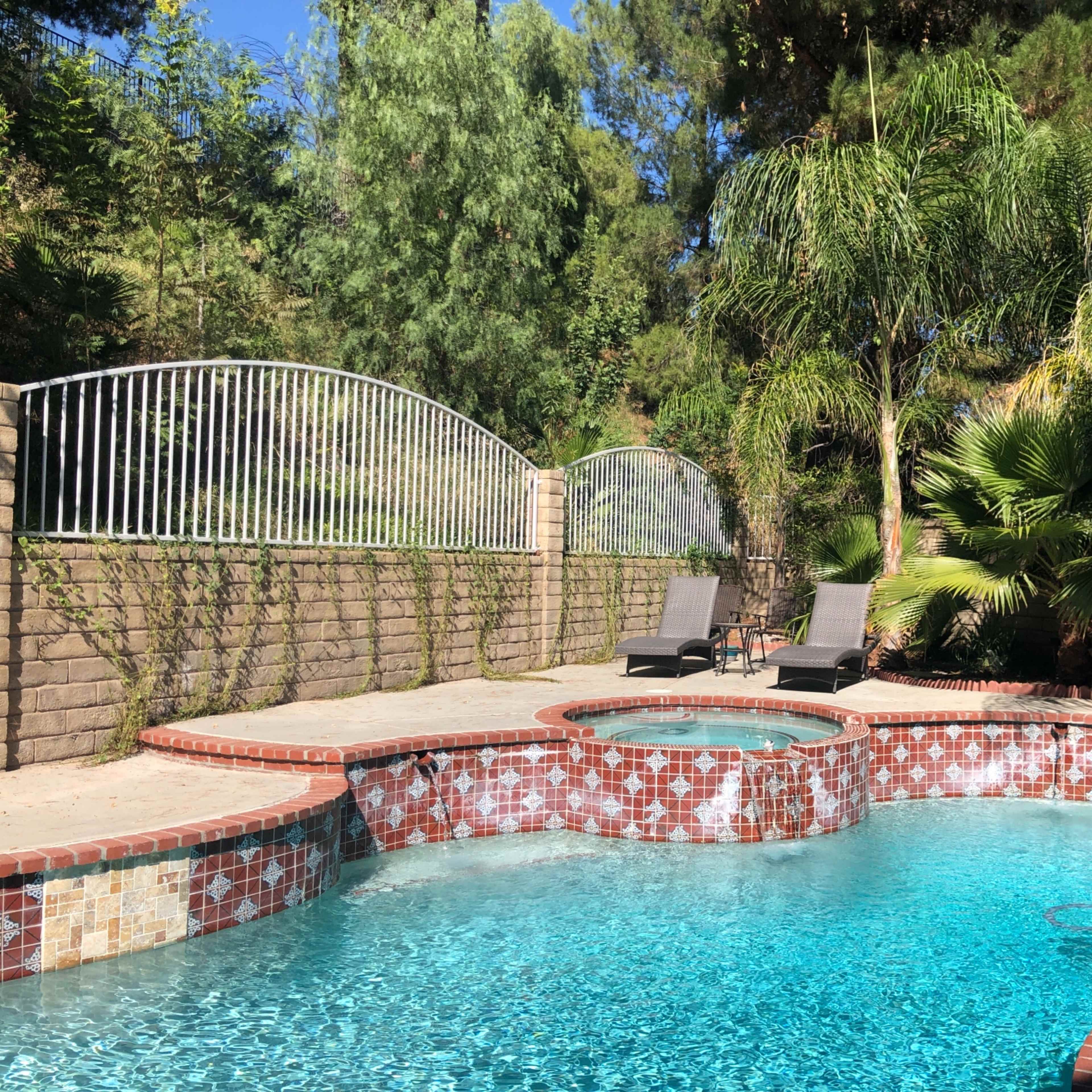 A backyard pool surrounded by palm trees and two lounge chairs positioned next to the water.