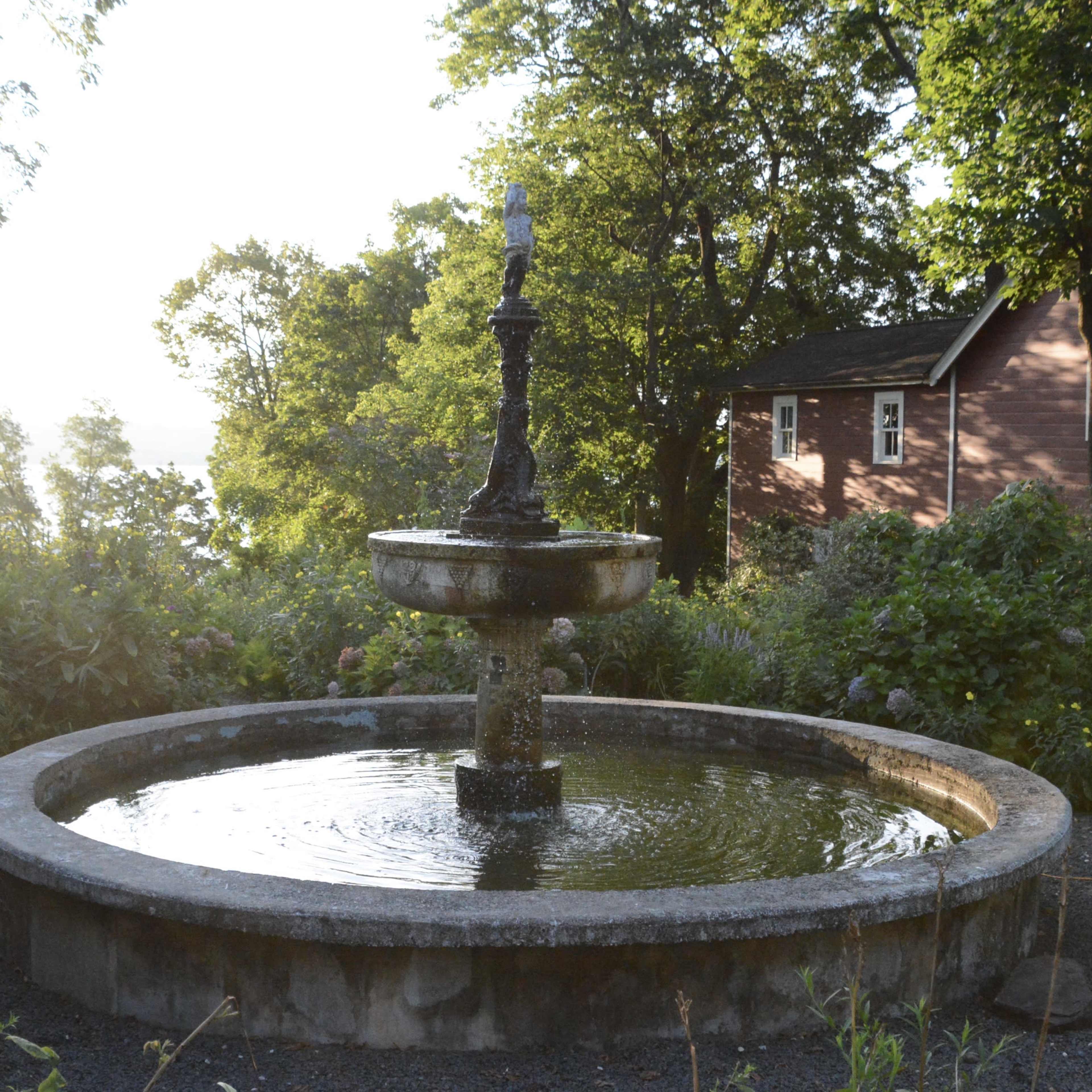 A stone fountain with a central spout is surrounded by a circular basin and lush greenery, with a house visible in the background.